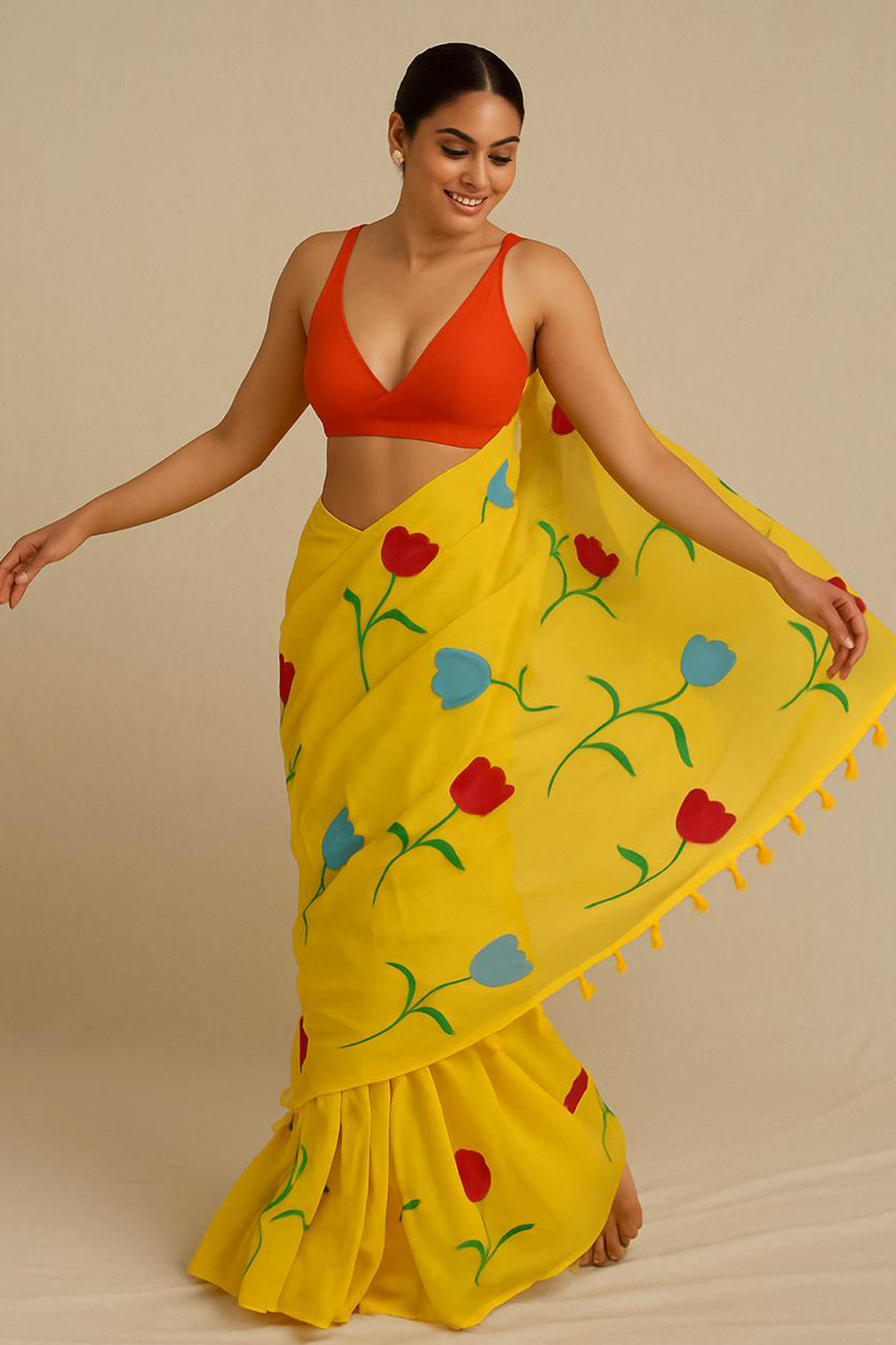 Pure Mul Cotton Yellow Hand Painted Saree