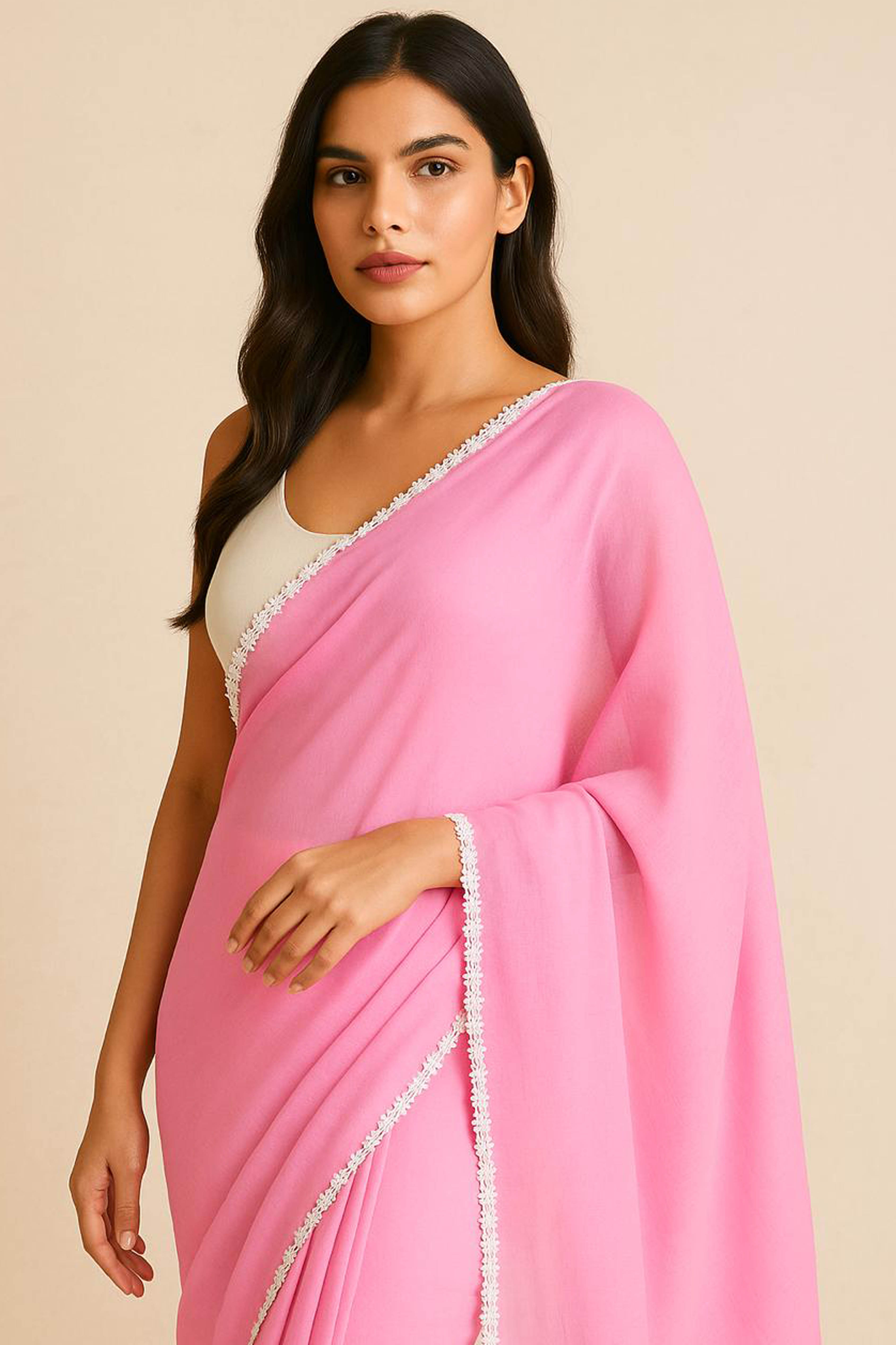 Pure Mul Cotton Saree in Pink with White Floral Lace