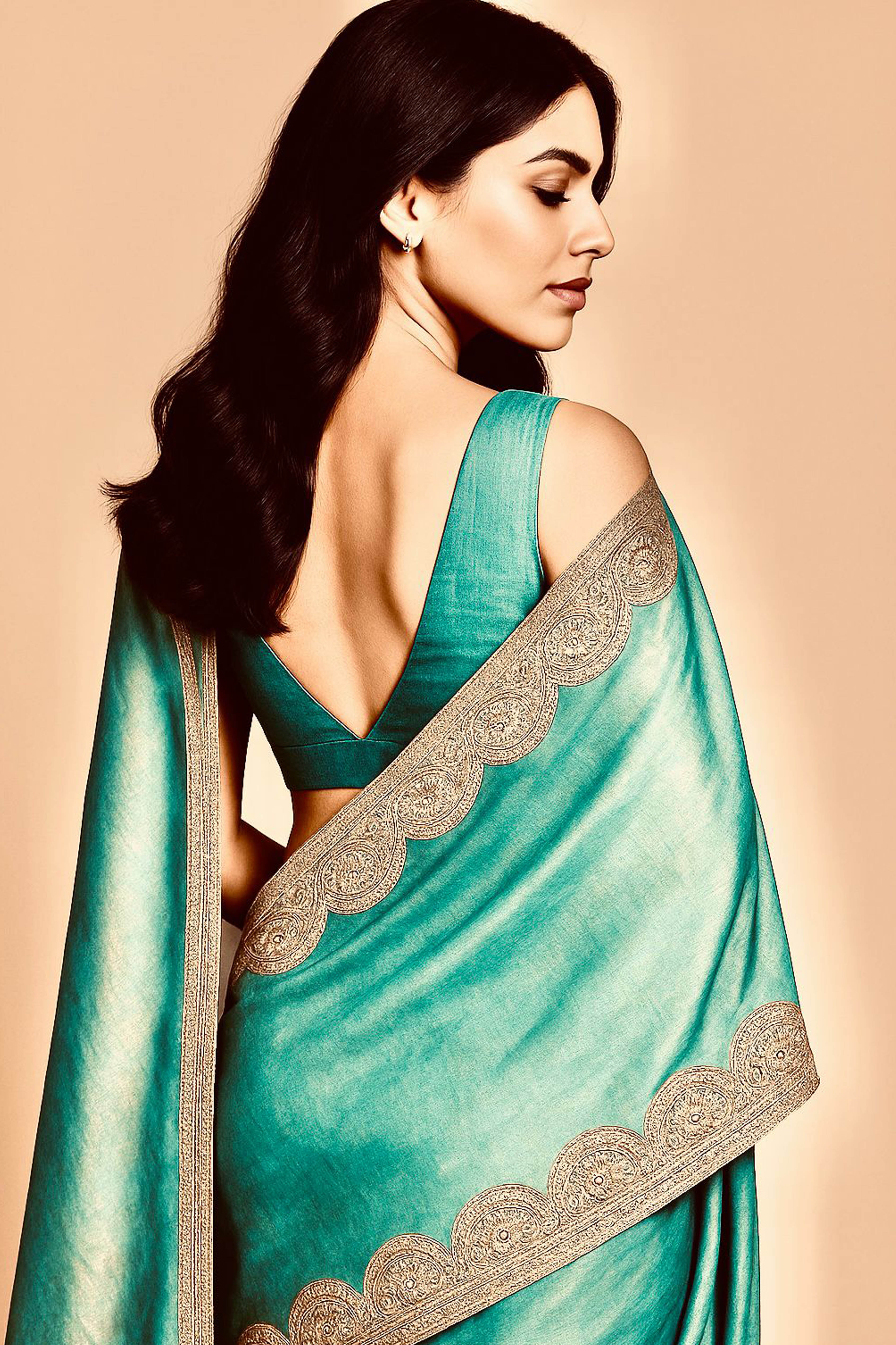 Jalpari Soft Pastel Aqua Marine Green in Pure Satin Tissue Saree with Golden Sheen - Indian Handloomz