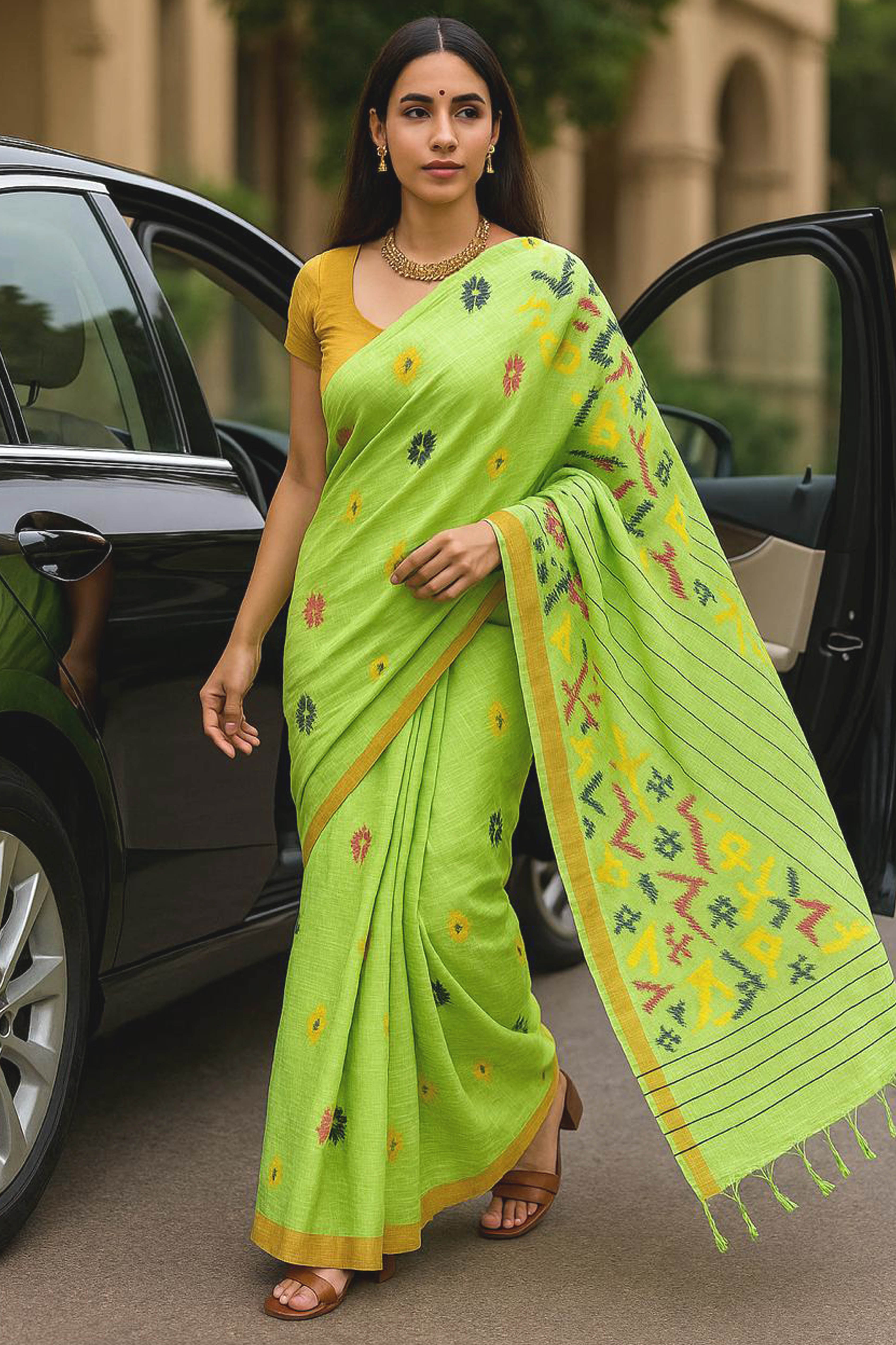 Parrot Green Pure Cotton Linen Saree