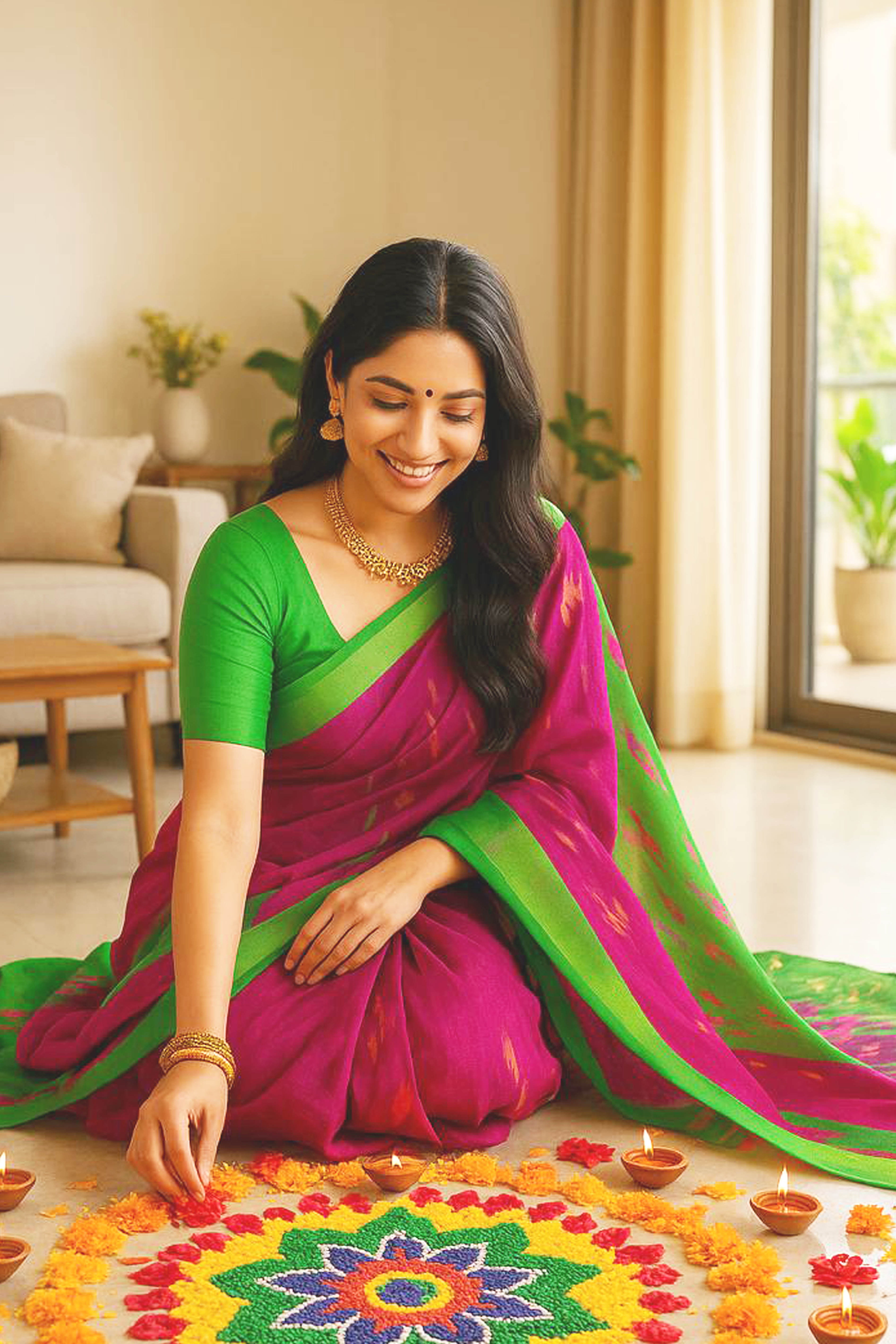 Rani Pink & Green Ikkat Saree