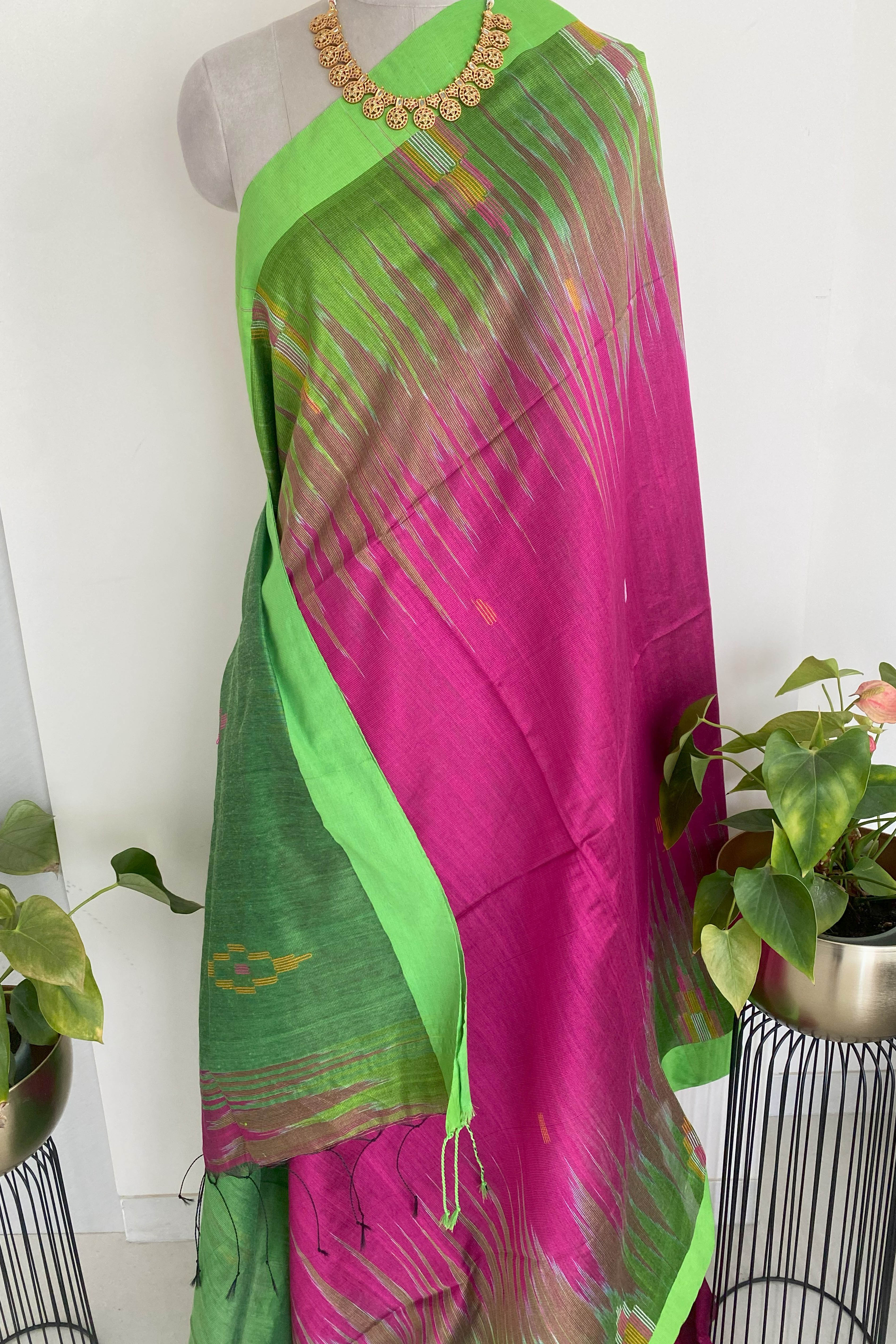 Rani Pink & Green Ikkat Saree