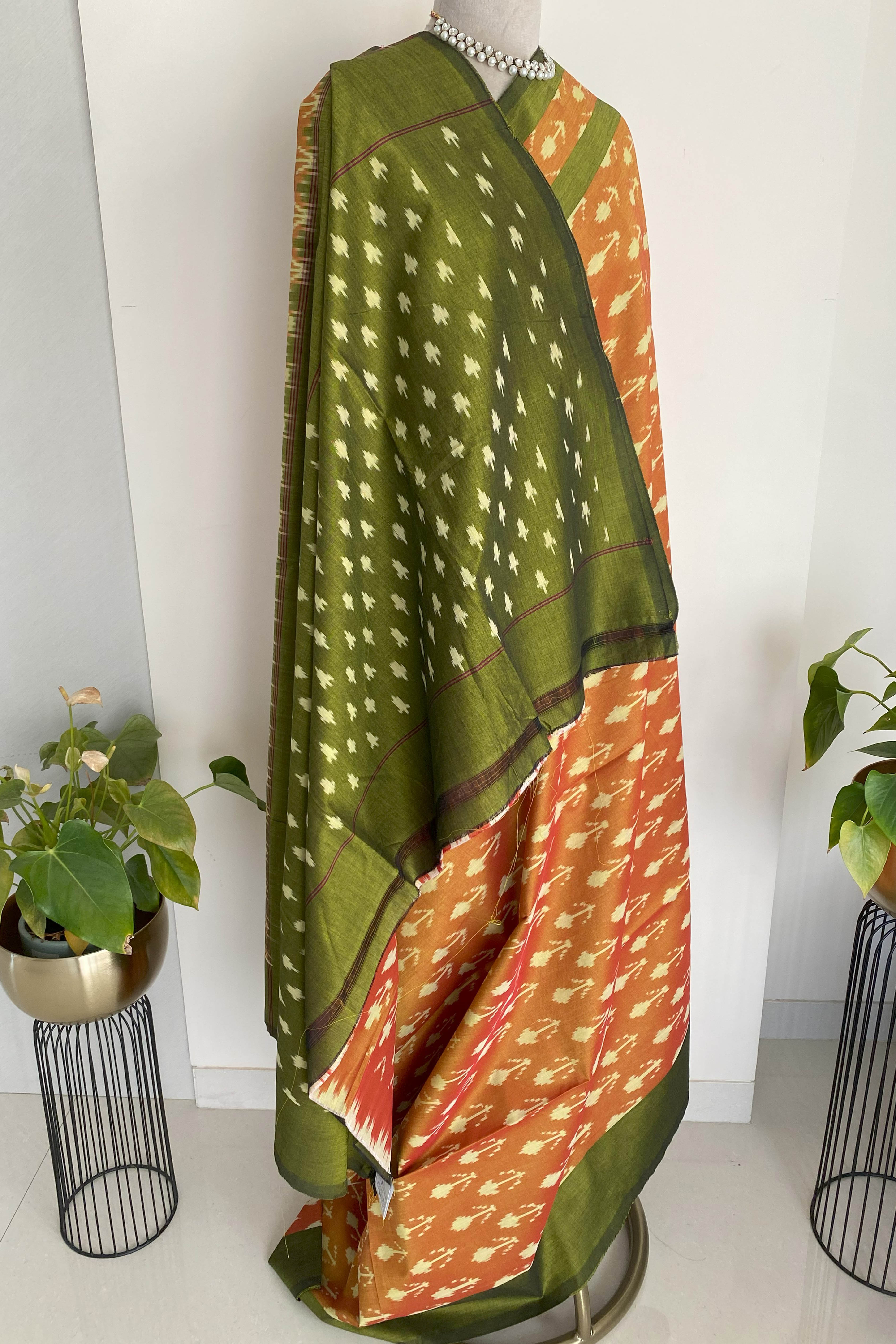 Orange & Dark Olive Green Cotton Silk Ikkat Saree