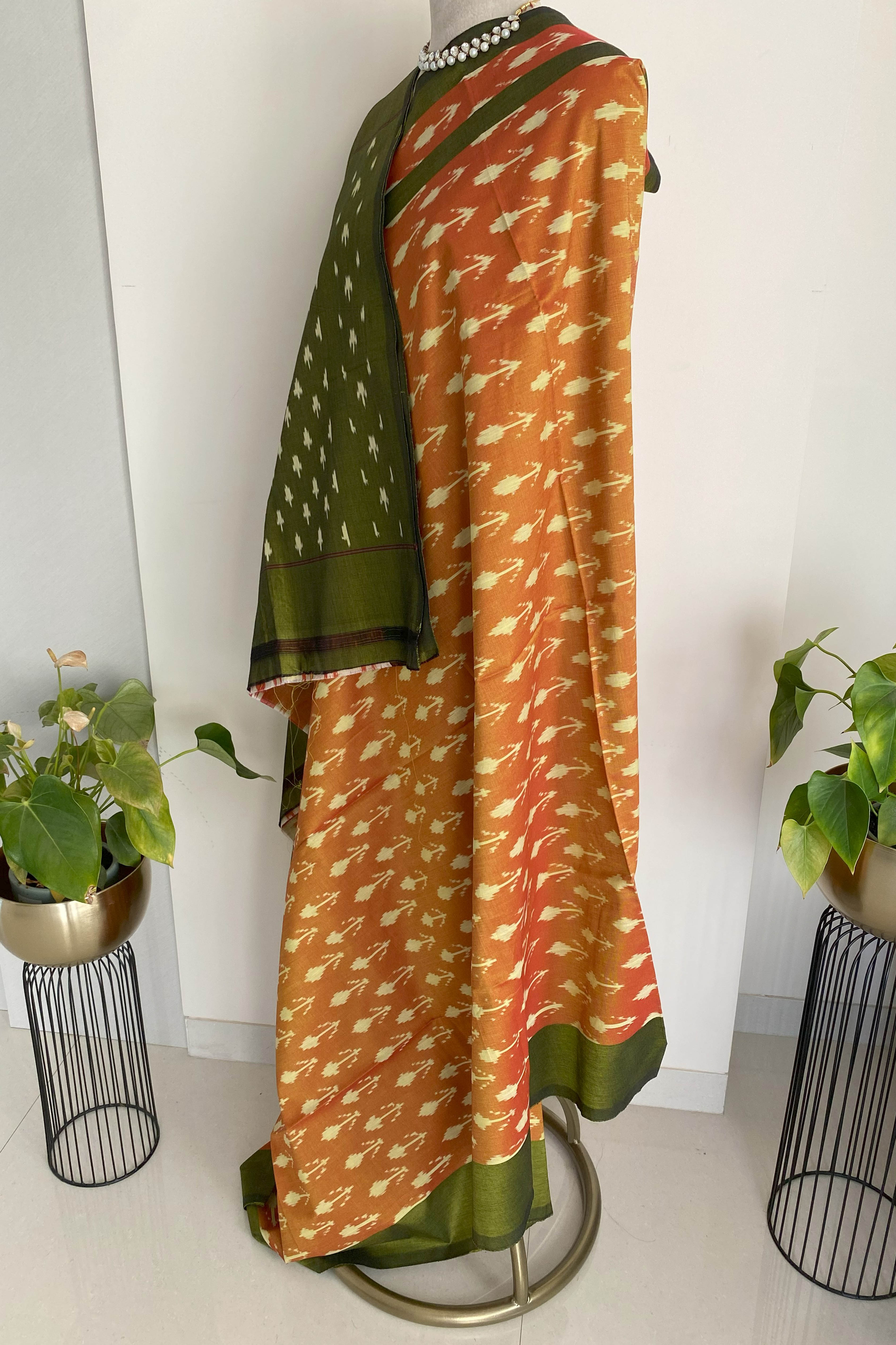 Orange & Dark Olive Green Cotton Silk Ikkat Saree