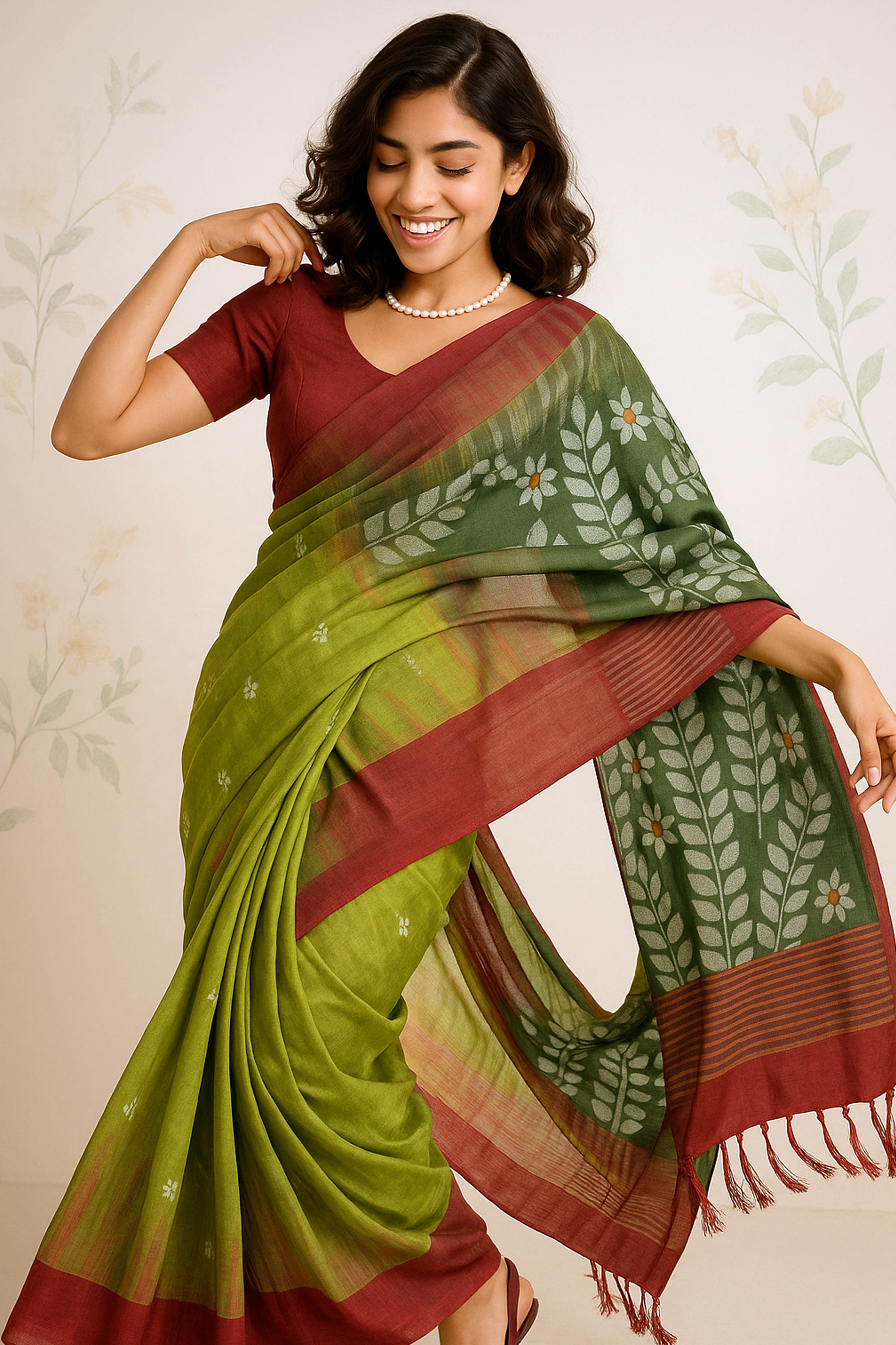 Green & Red Jamdani Cotton Tissue Saree