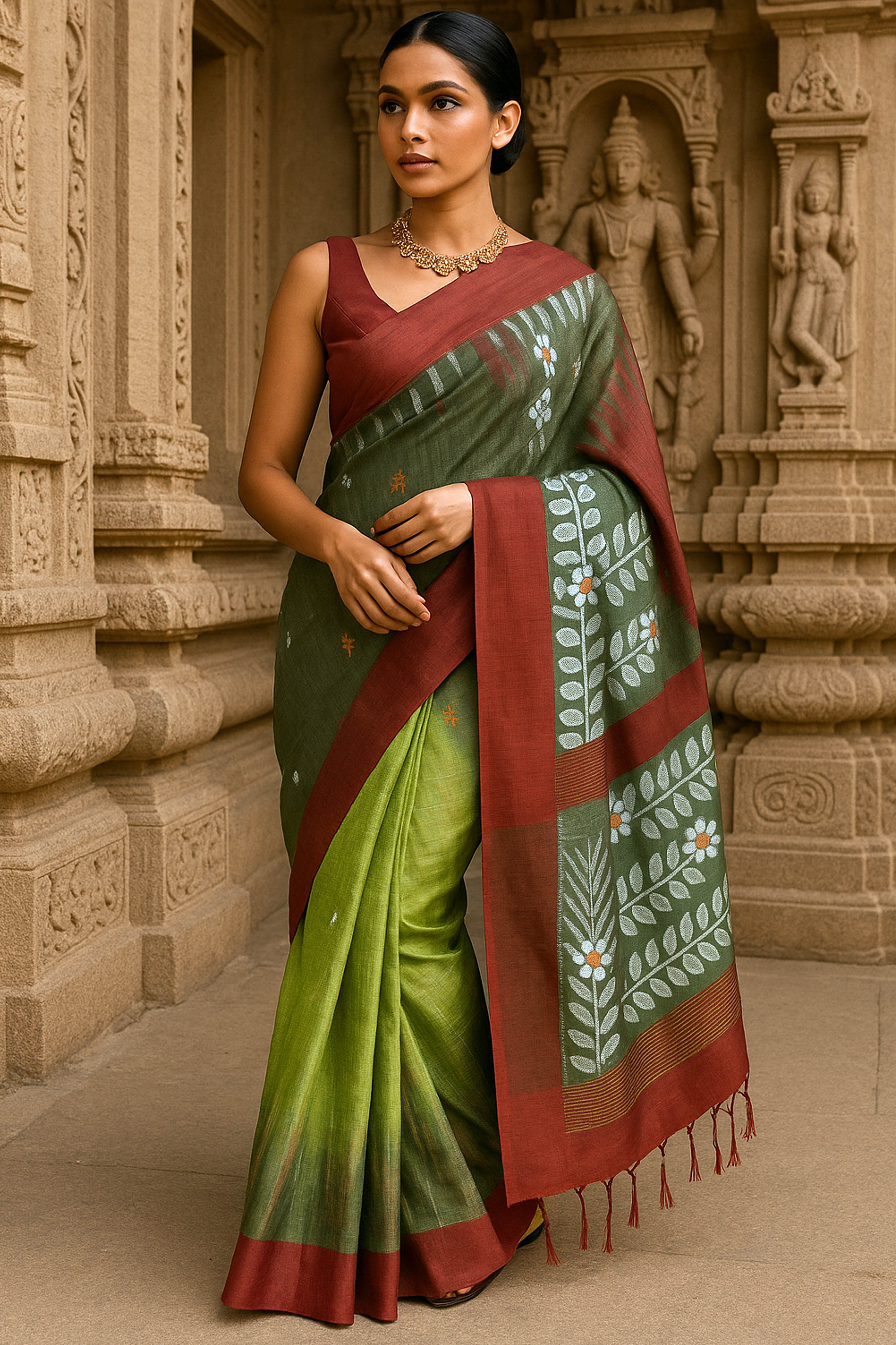 Green & Red Jamdani Cotton Tissue Saree