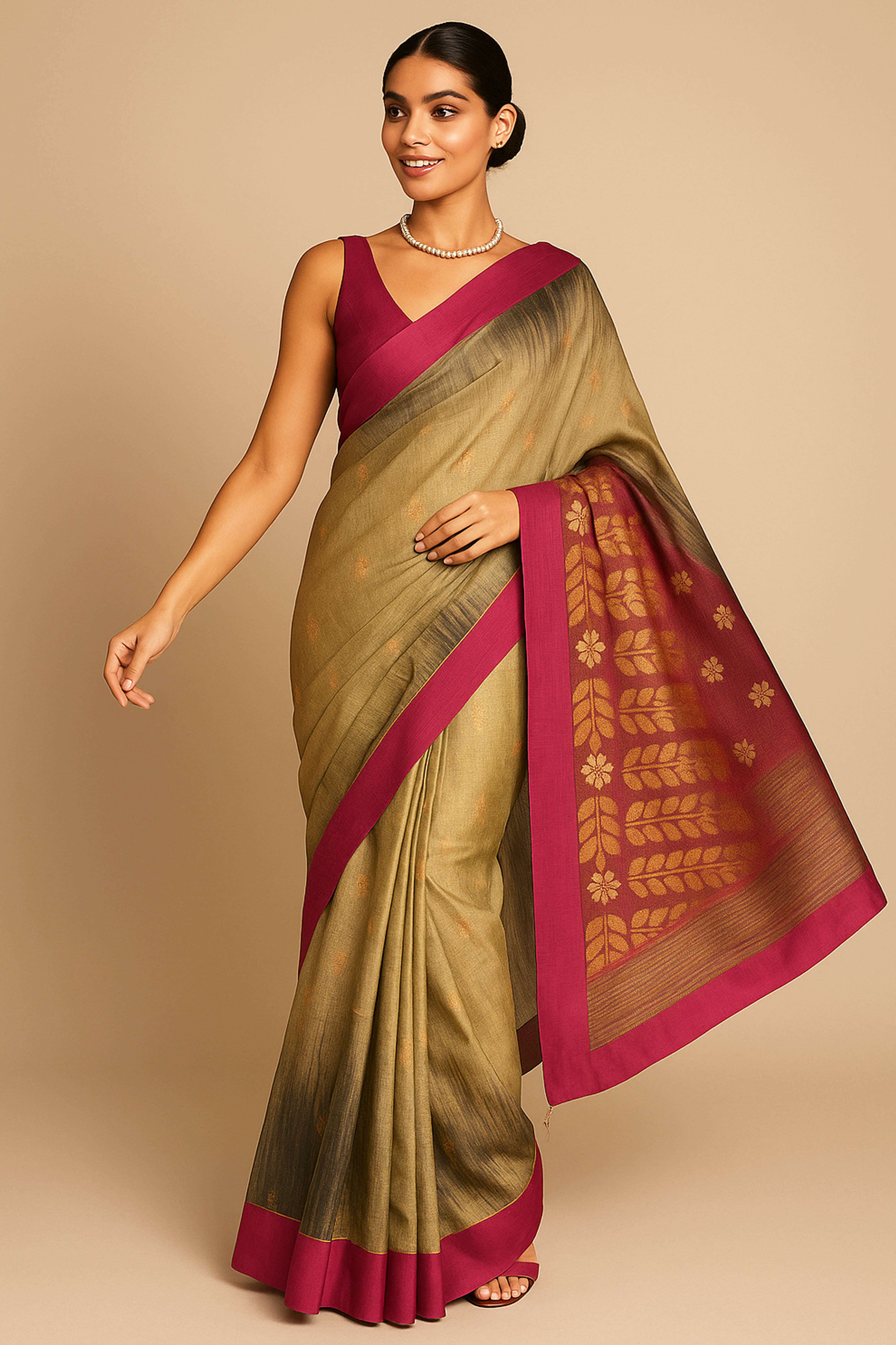 Jamdani Cotton Tissue Saree in Sand and Grey