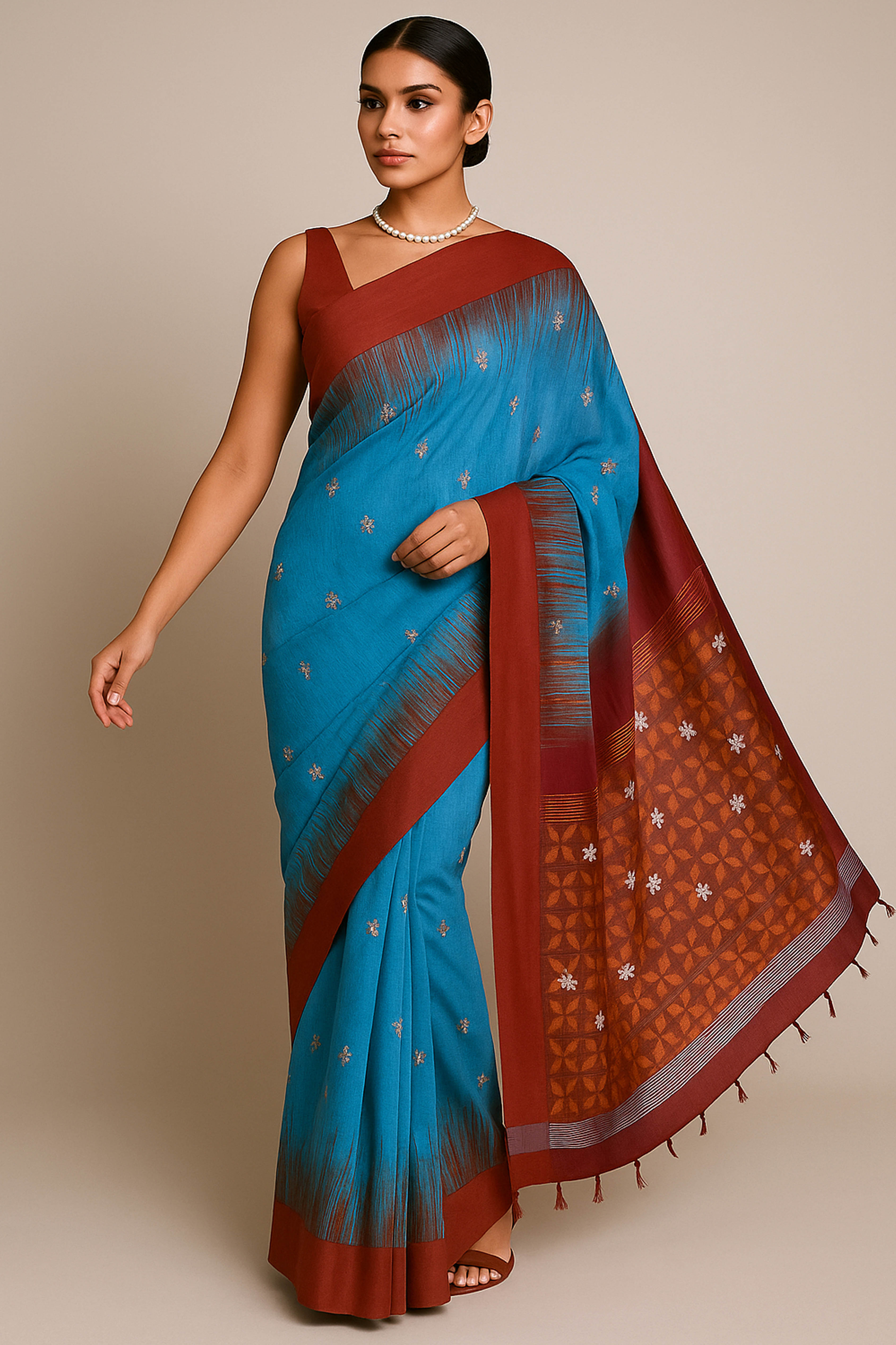 Blue & Rust Red Jamdani Cotton Tissue Saree