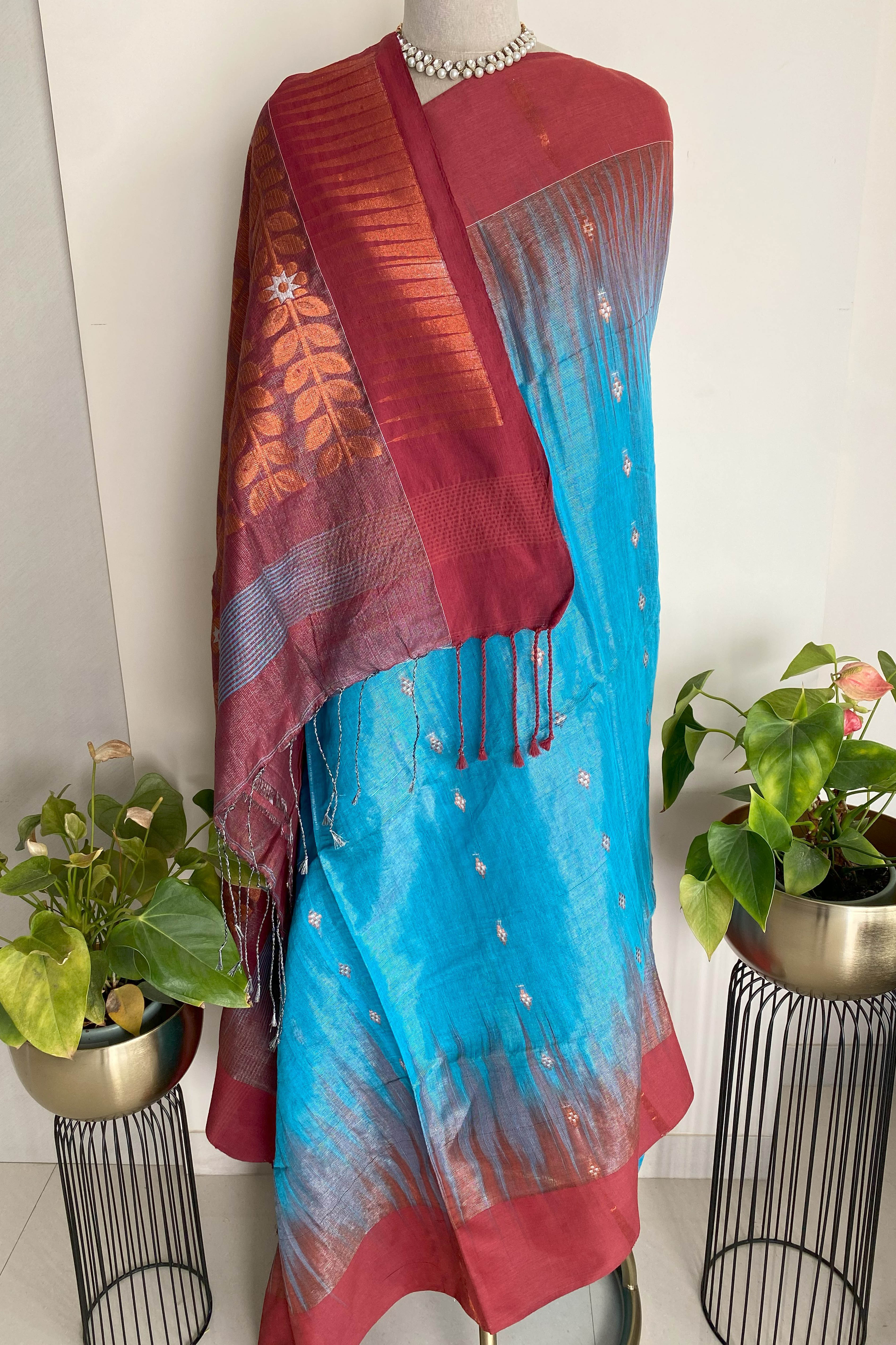 Blue & Rust Red Jamdani Cotton Tissue Saree