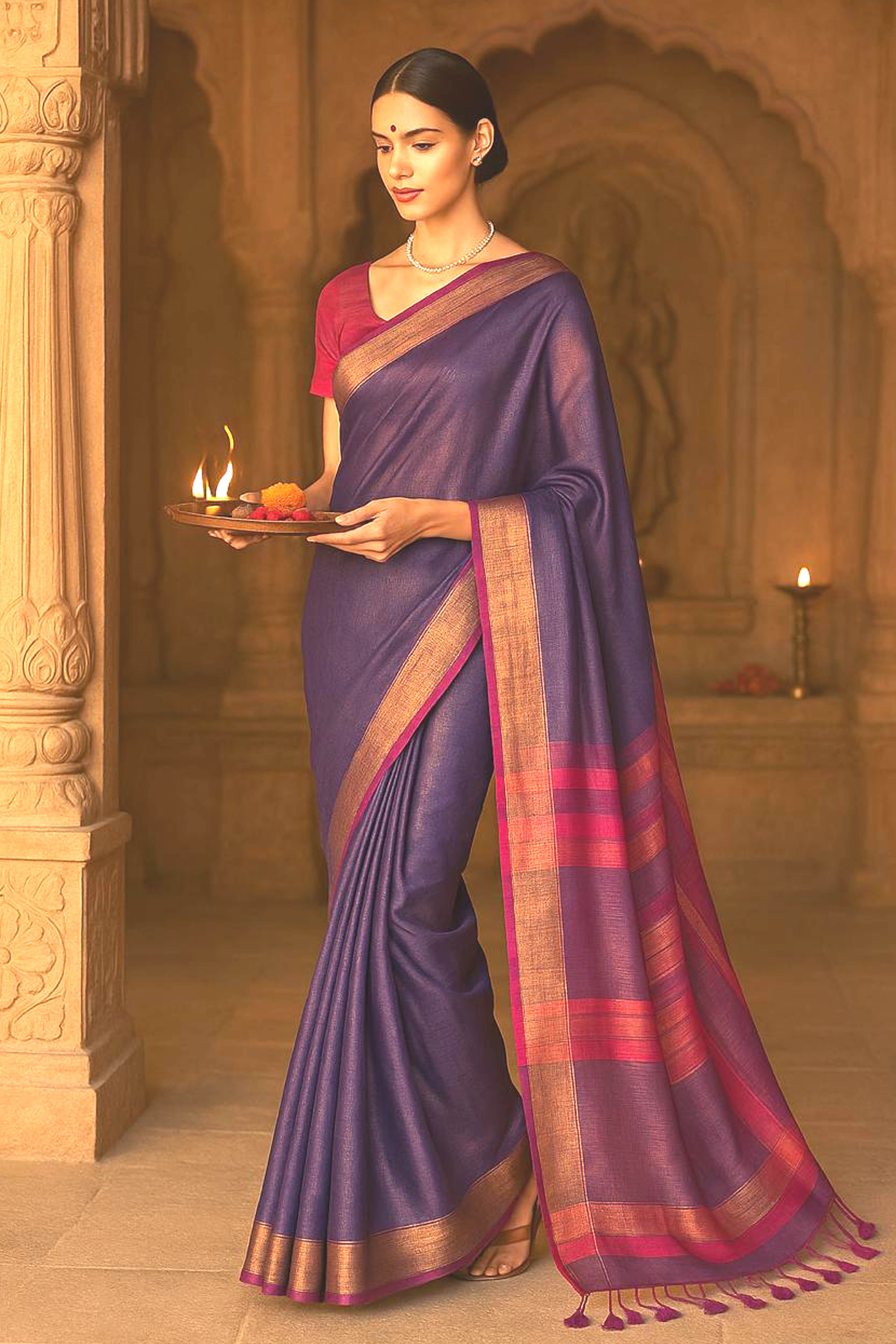 Purple & Pink Jamdani Tissue Cotton Saree