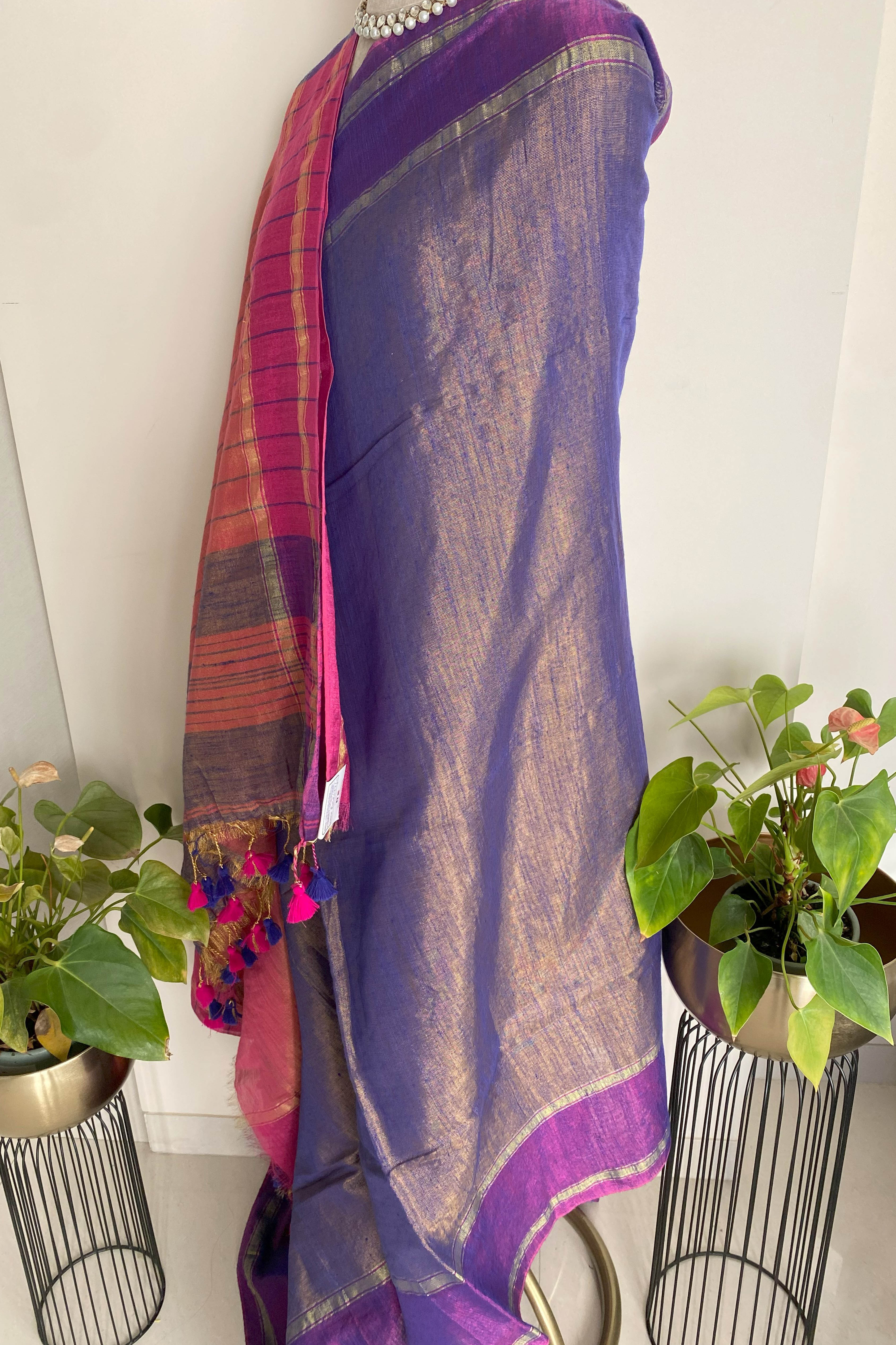 Purple & Pink Jamdani Tissue Cotton Saree