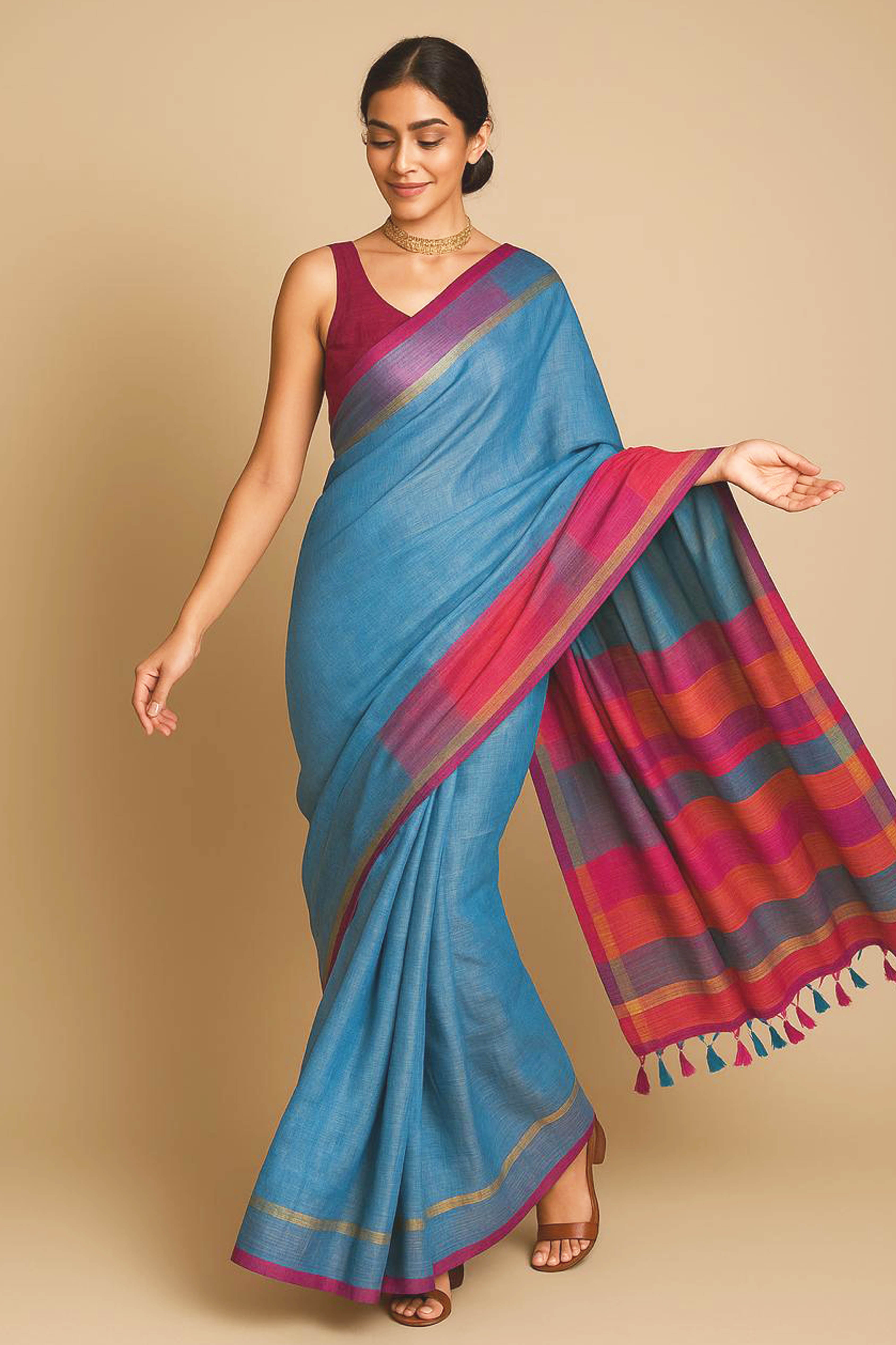 Light Blue & Pink Jamdani Tissue Cotton Saree
