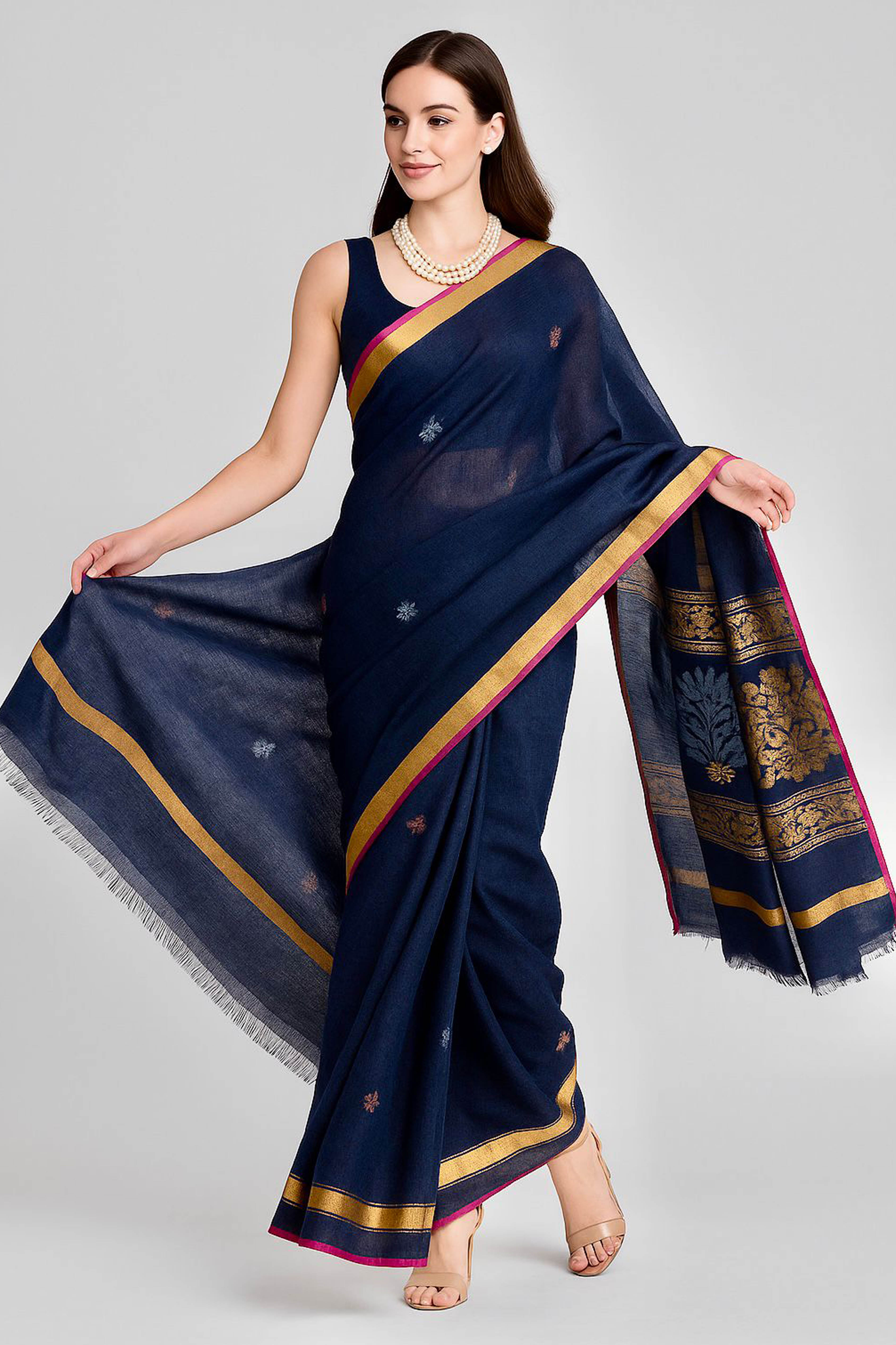 Neva Pure Linen Cotton Saree in Dark Blue Colour with Silver & Copper Buttas