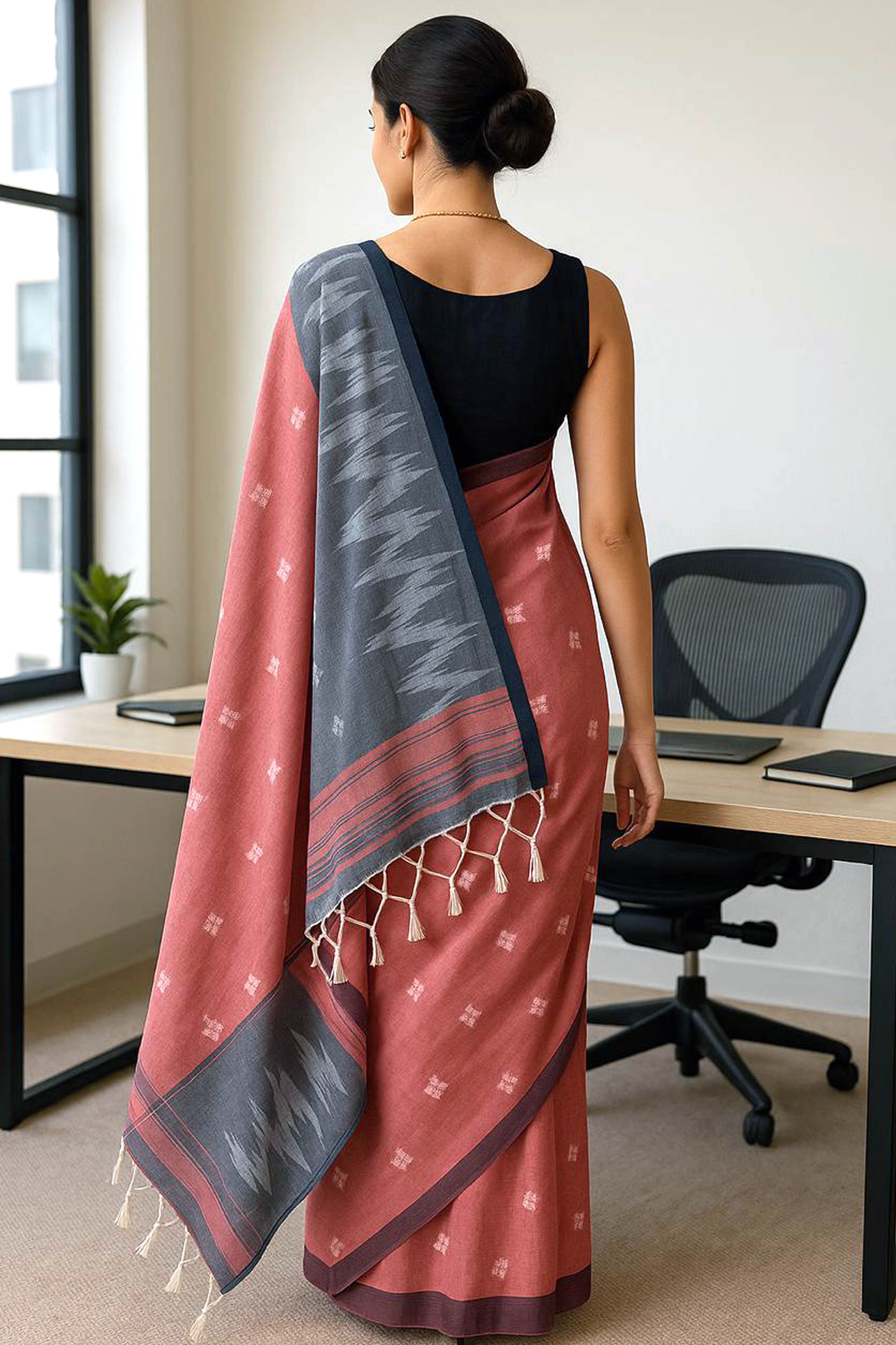 Coral Pink & Grey Jamdani Pure Cotton Saree