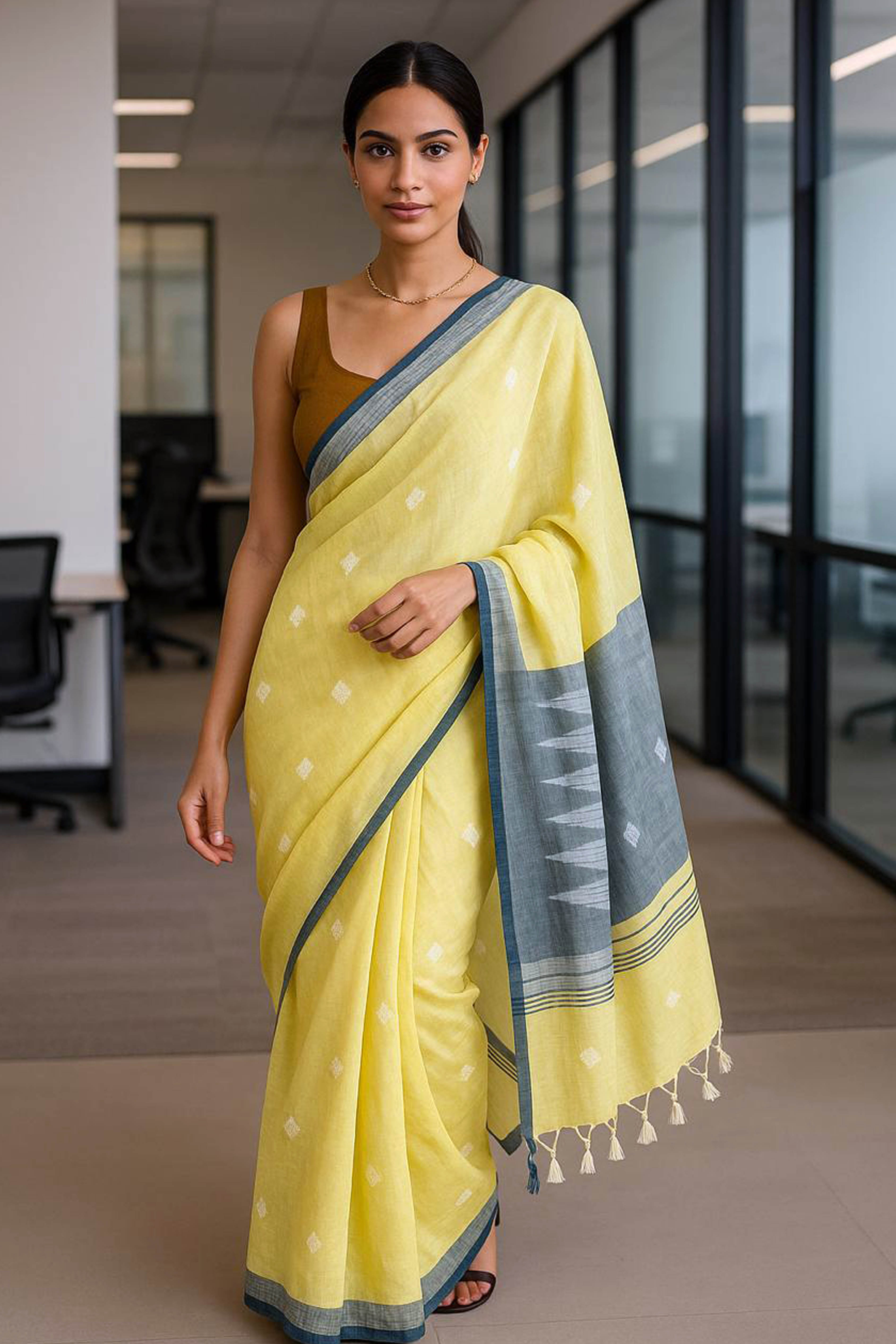 Lemon Yellow & Grey Jamdani Pure Cotton Saree