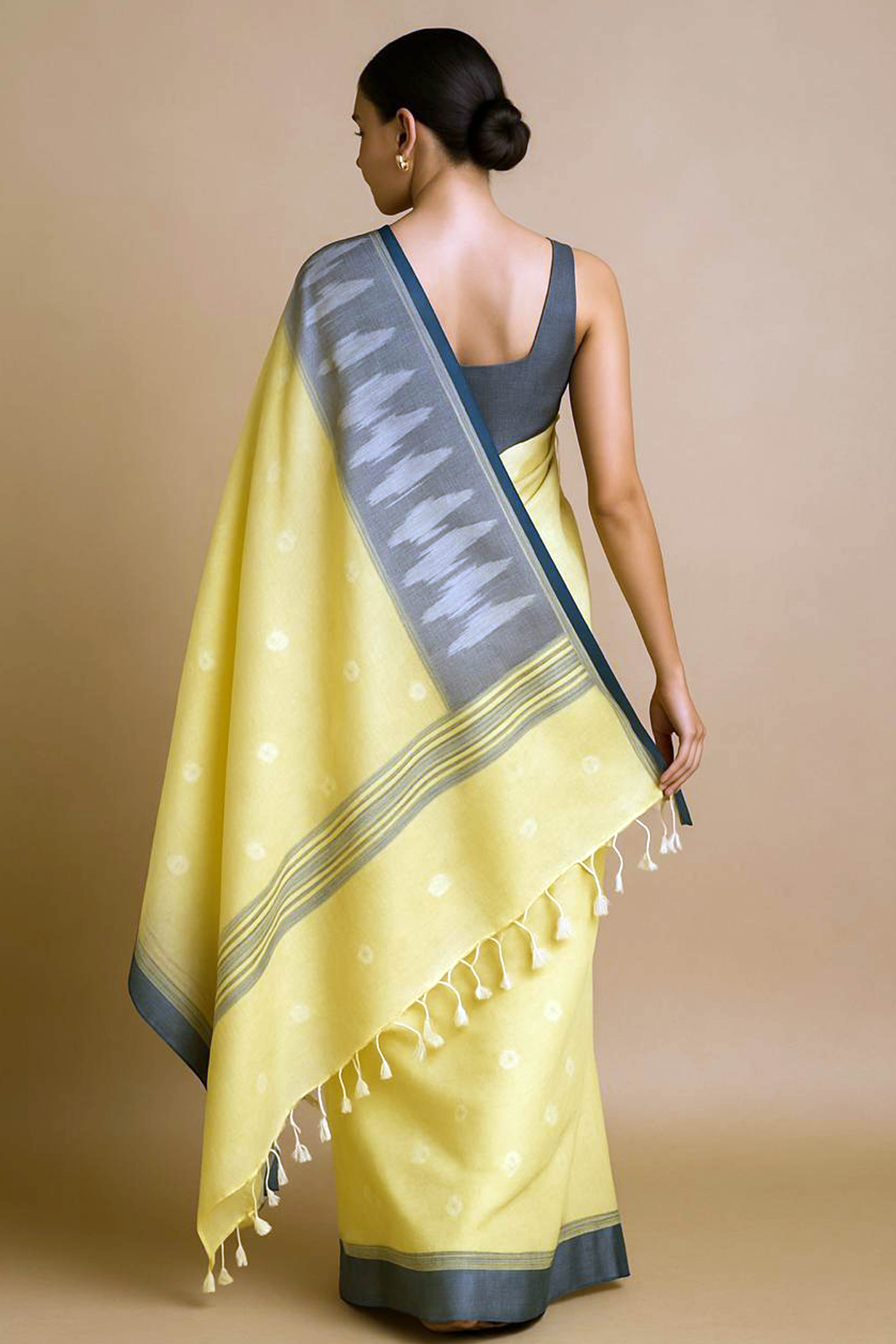 Lemon Yellow & Grey Jamdani Pure Cotton Saree