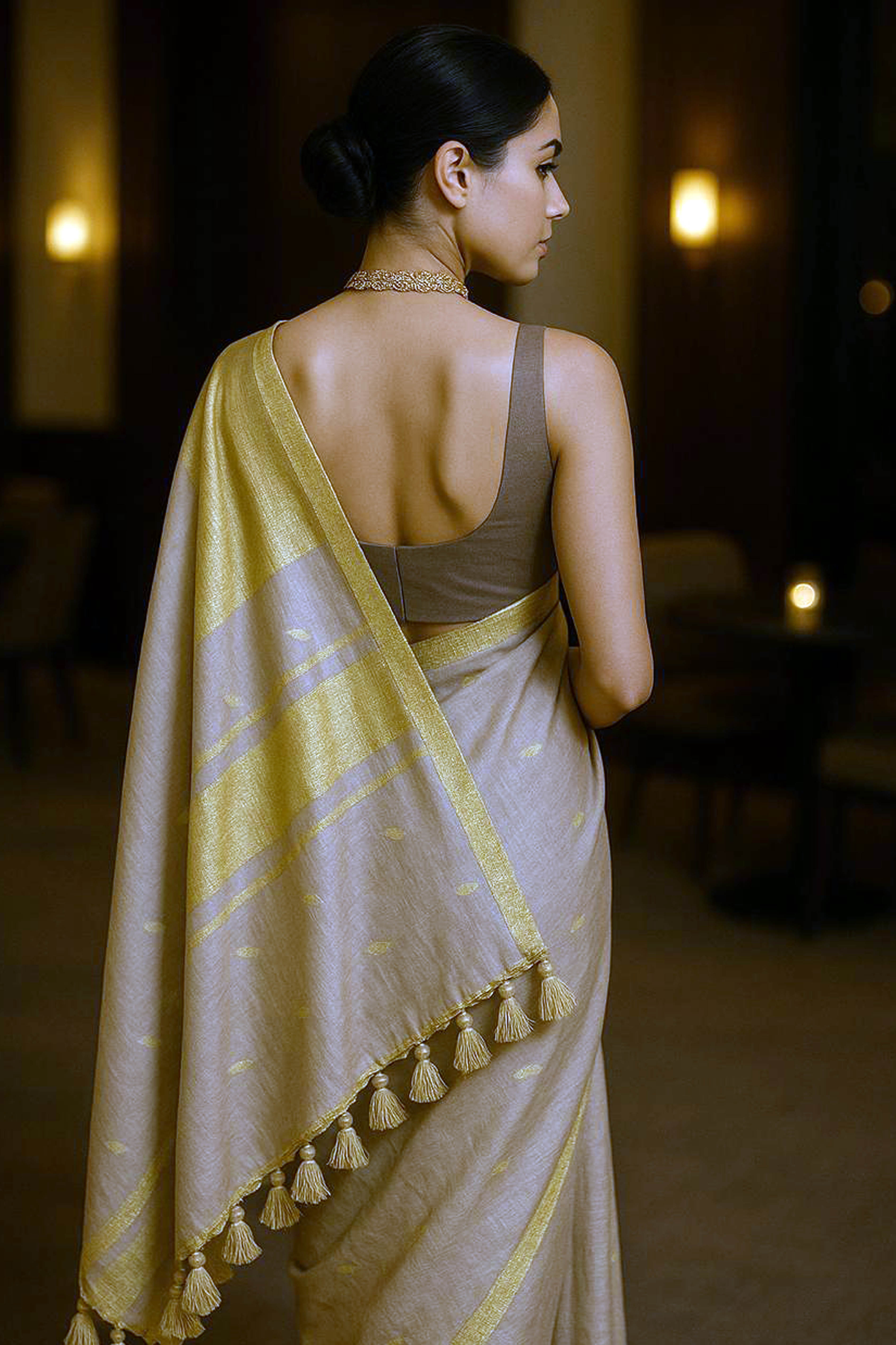 Banarasi Cotton Silk Saree in Beige & Golden Colour