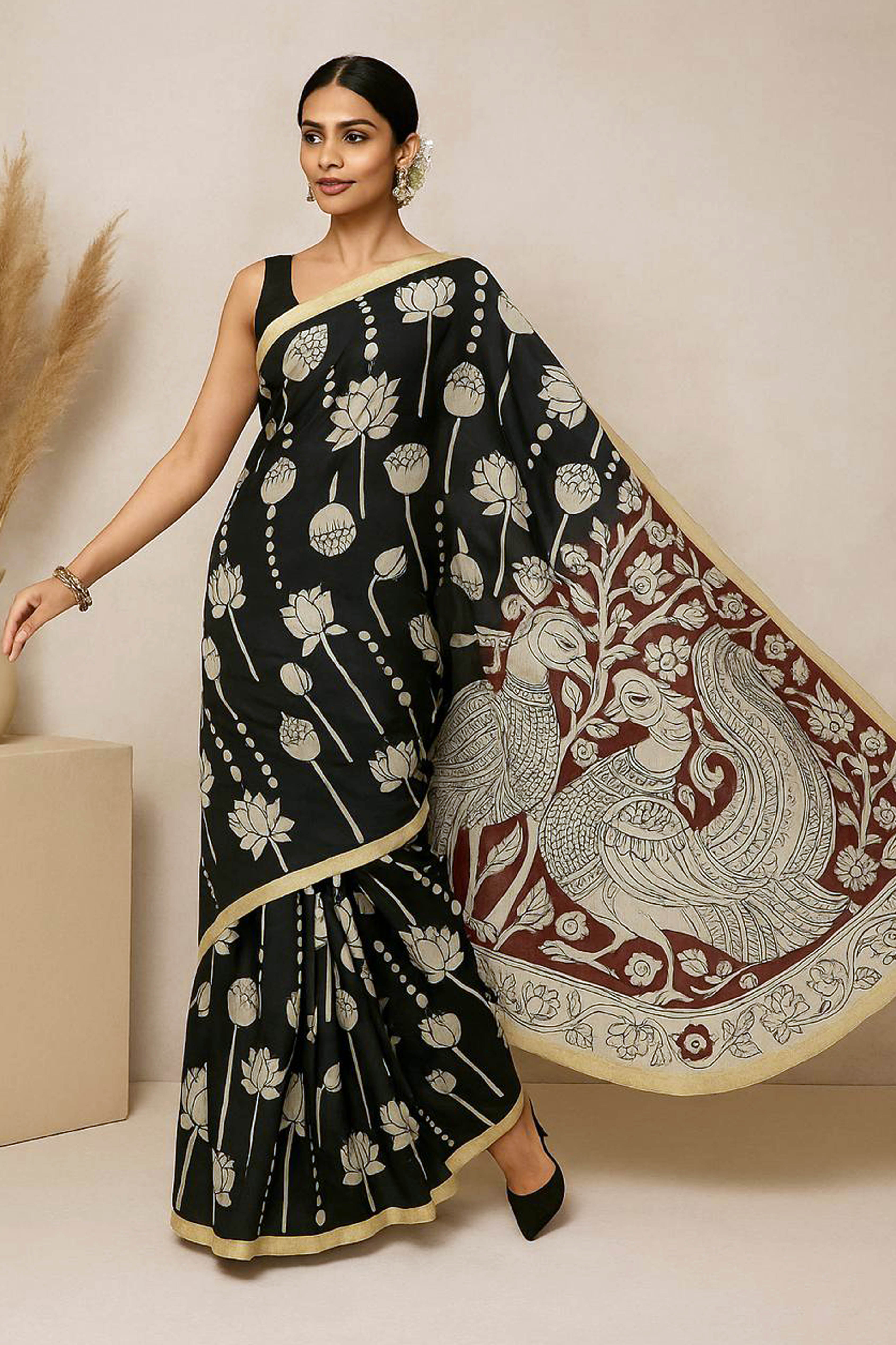 Kalamkari Chenur Silk Saree Black & Maroon