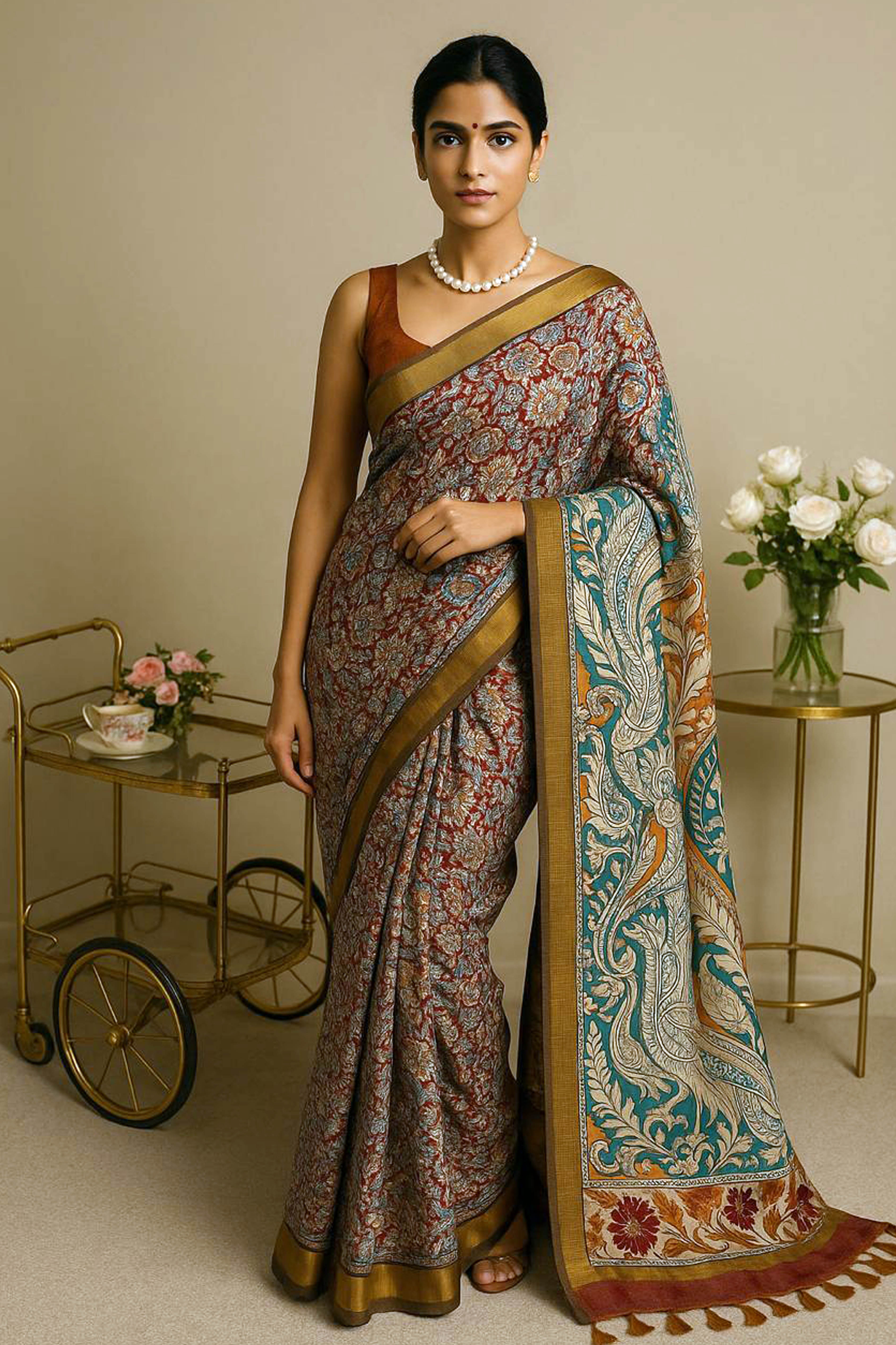 Kalamkari Chennur Silk in Maroon & Green