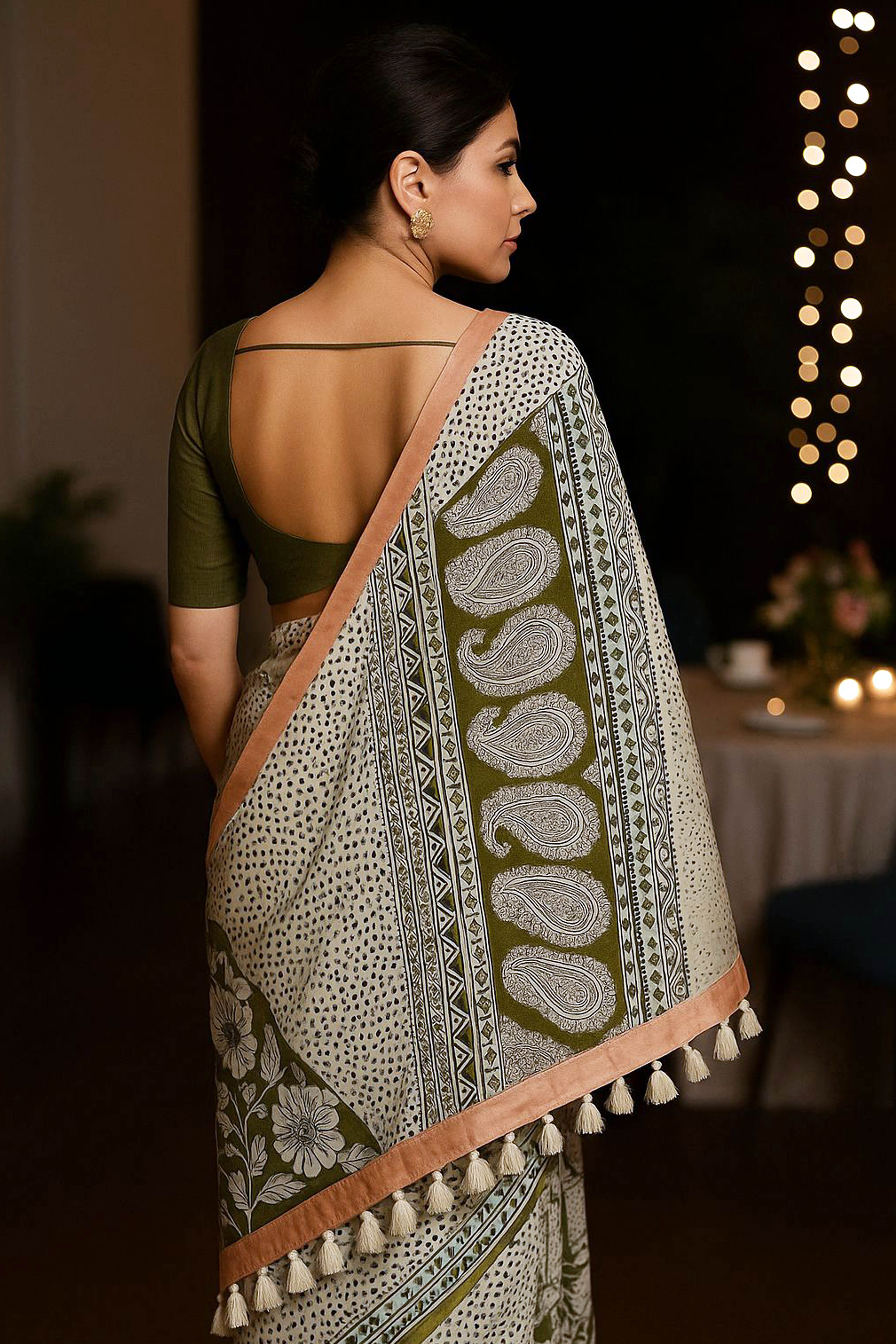 Kalamkari Chennur Silk Saree in Ivory & Green