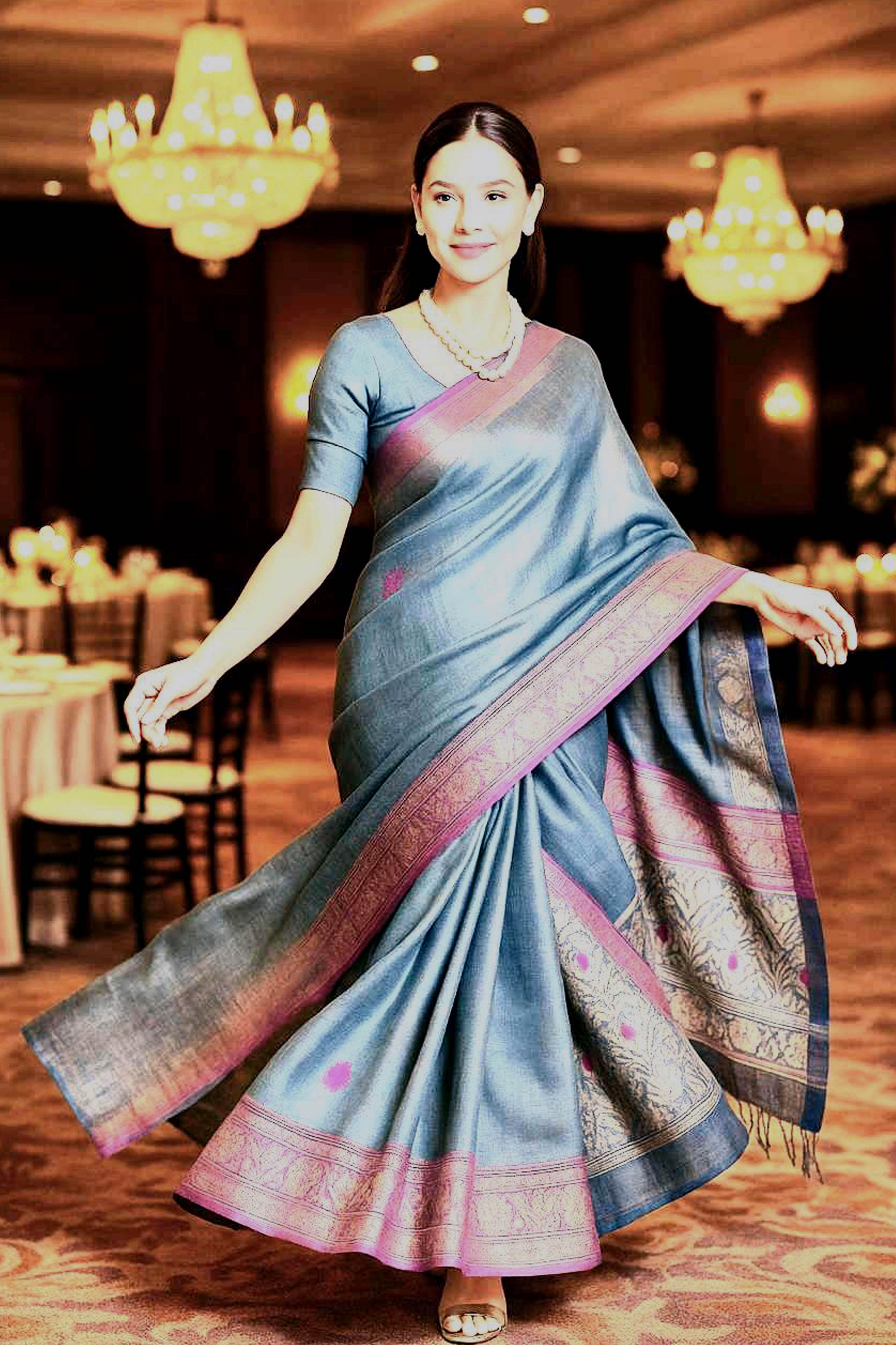 Netra Cotton Tissue Jamdani Saree in Bluish Grey Colour with Rani & Silver Buttas