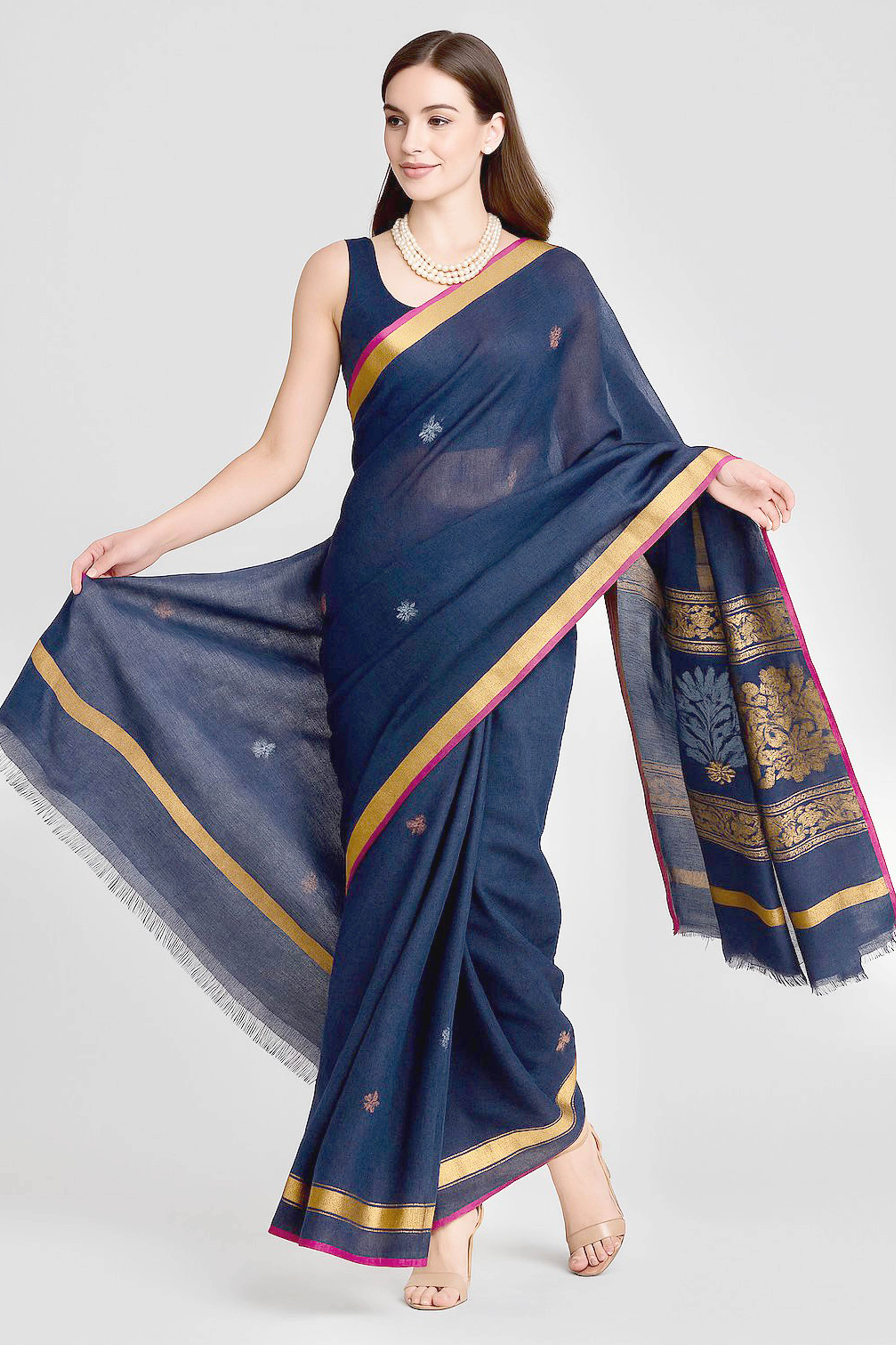 Neva Pure Linen Cotton Saree in Dark Blue Colour with Silver & Copper Buttas