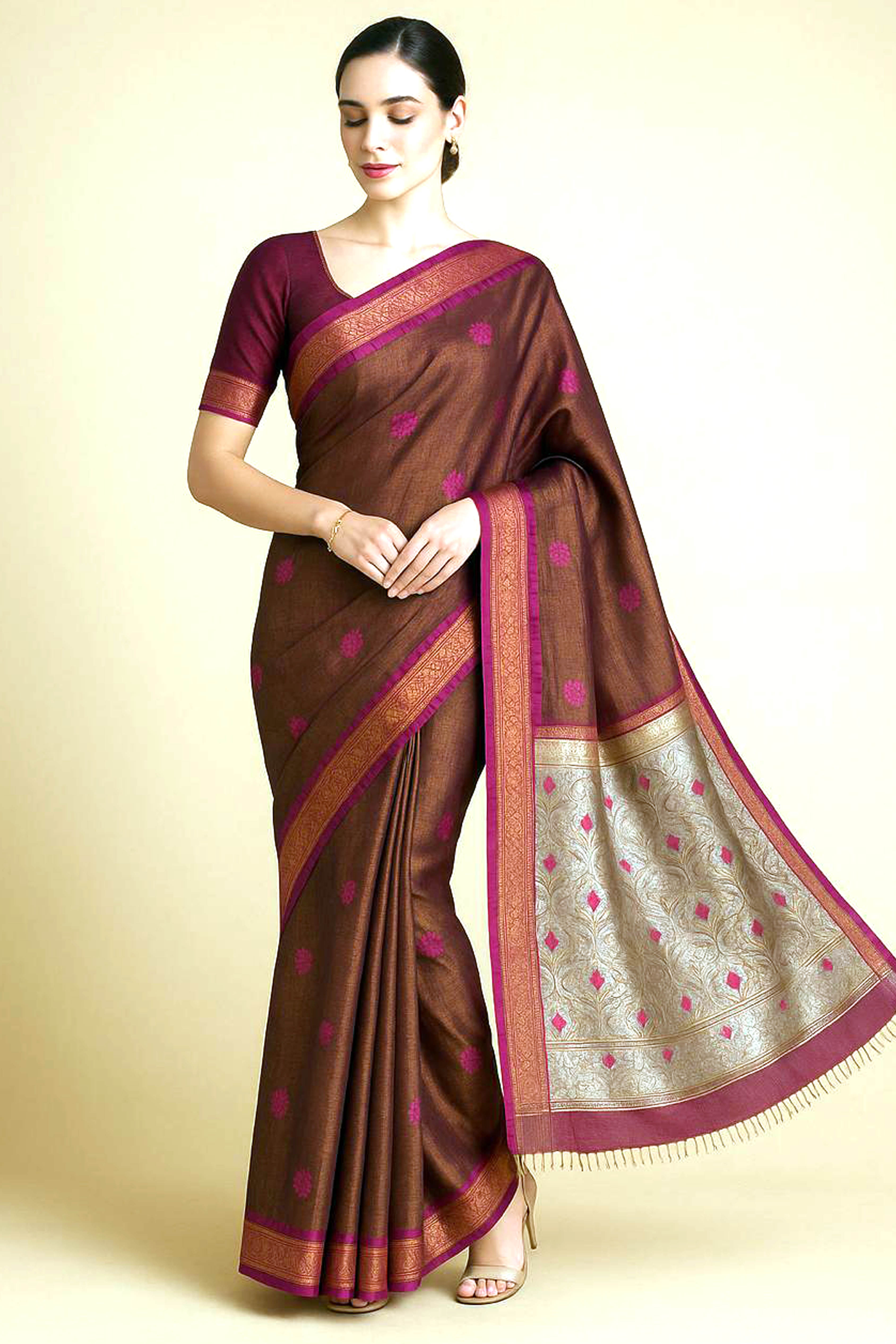 Reeva Cotton Tissue Jamdani Saree in Copper Brown Colour with Rani & Silver Buttas