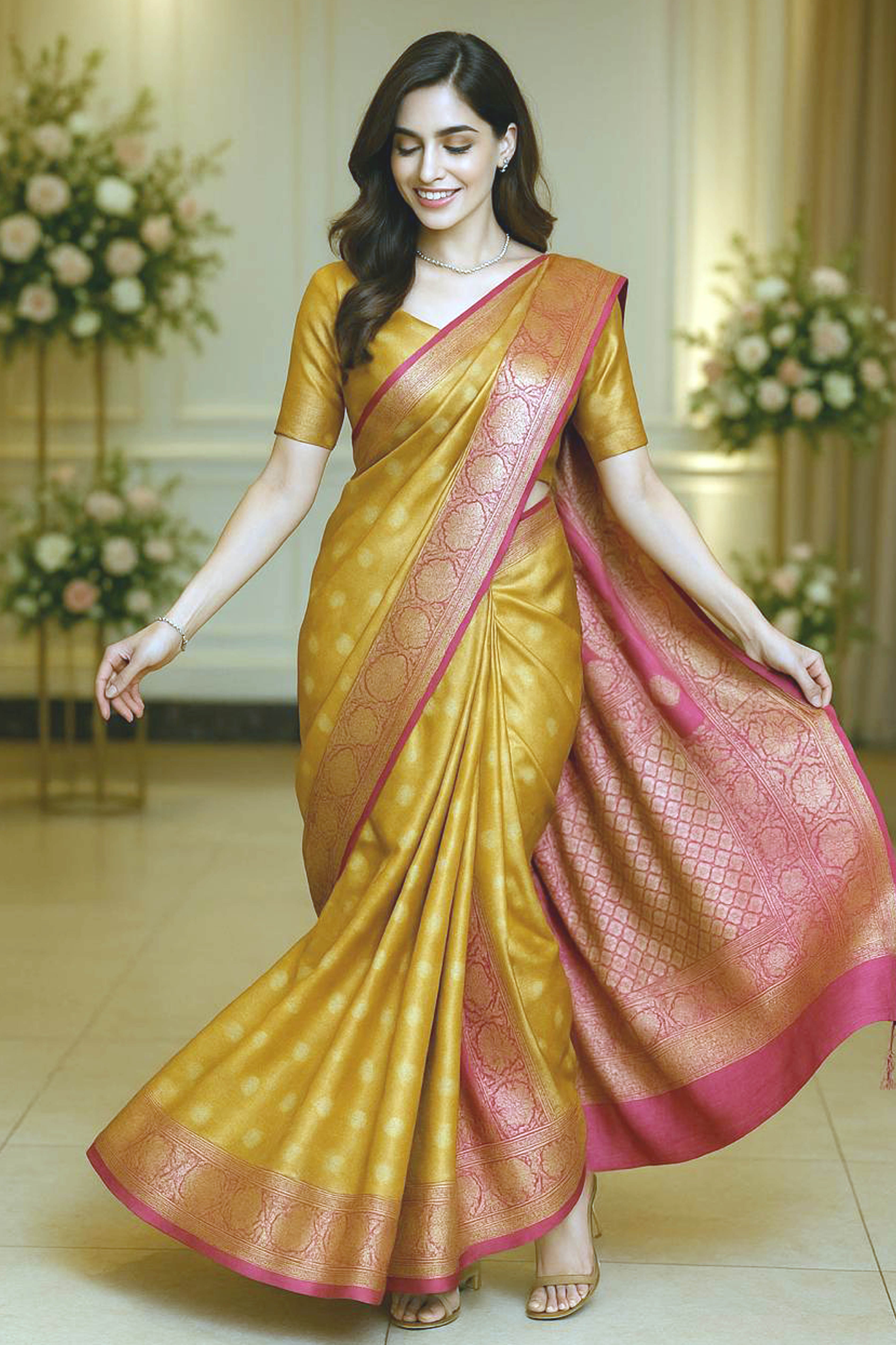 Nithya Banarasi Mercerized Cotton Saree in Golden Yellow & Rich Pink Pallu