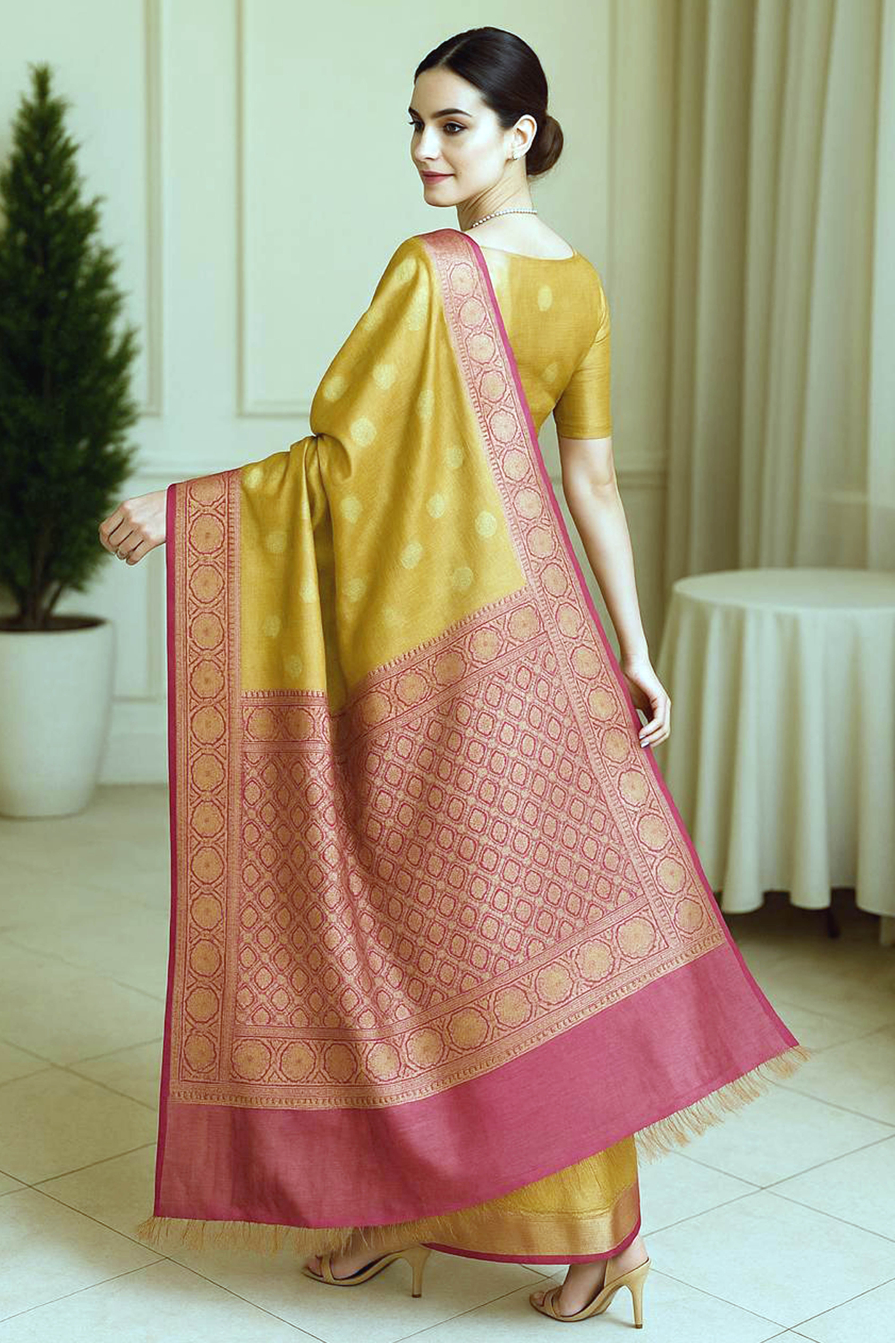 Nithya Banarasi Mercerized Cotton Saree in Golden Yellow & Rich Pink Pallu