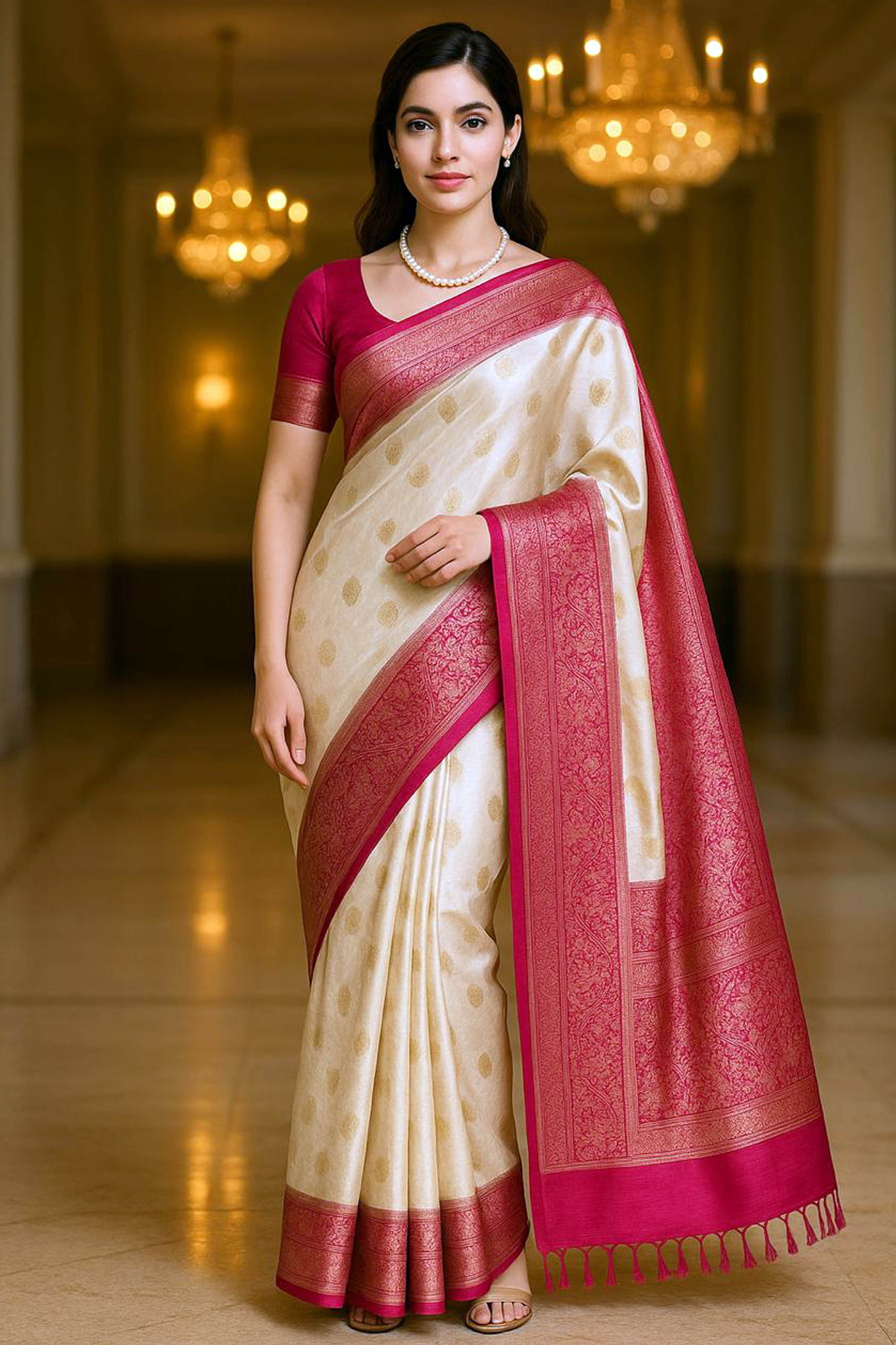 Ridhi Banarasi Mercerized Cotton Saree in Soft Off-White & Rich Pink Pallu