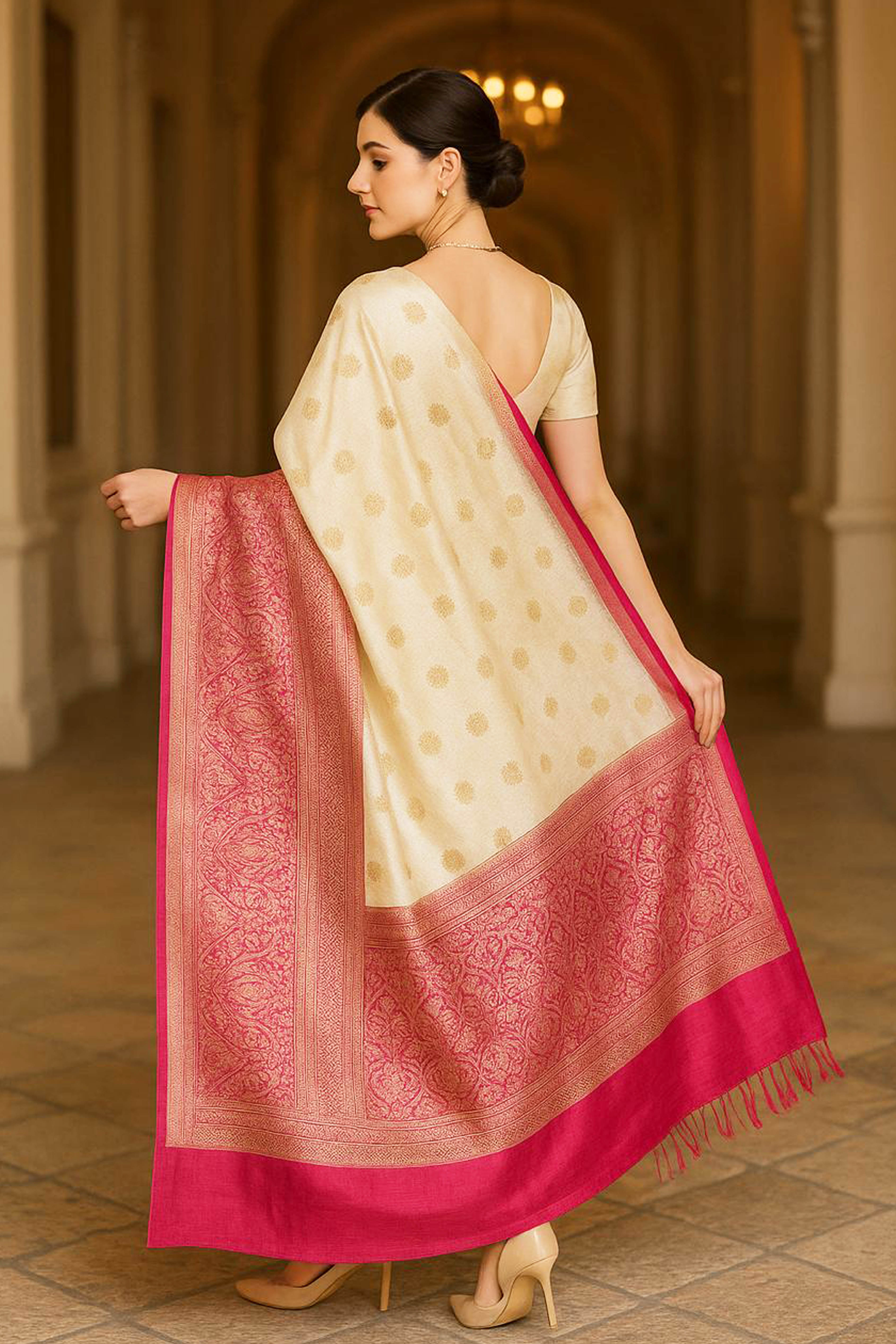 Ridhi Banarasi Mercerized Cotton Saree in Soft Off-White & Rich Pink Pallu