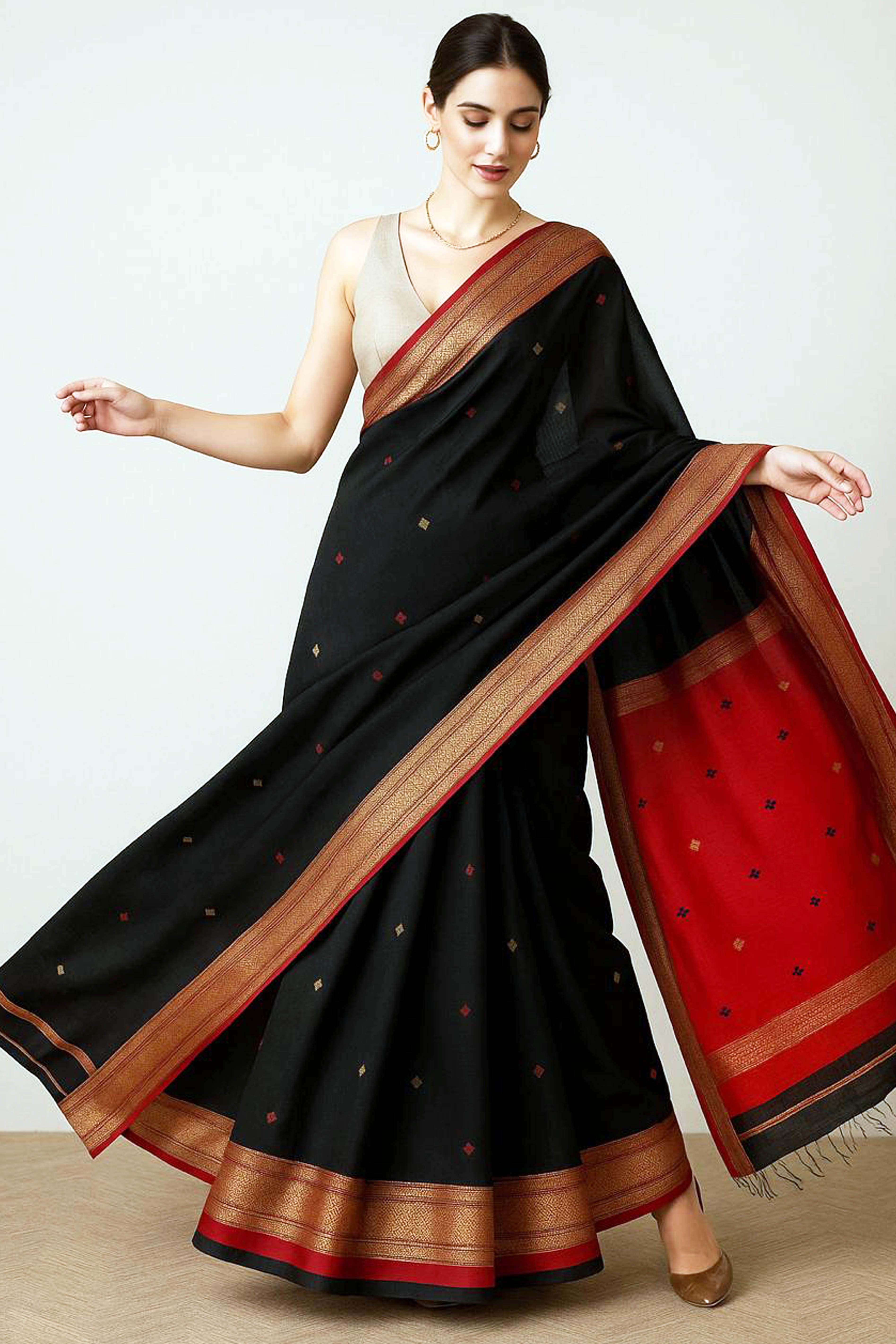 Yamuna Black Damru Butti Maheshwari Silk Cotton Saree