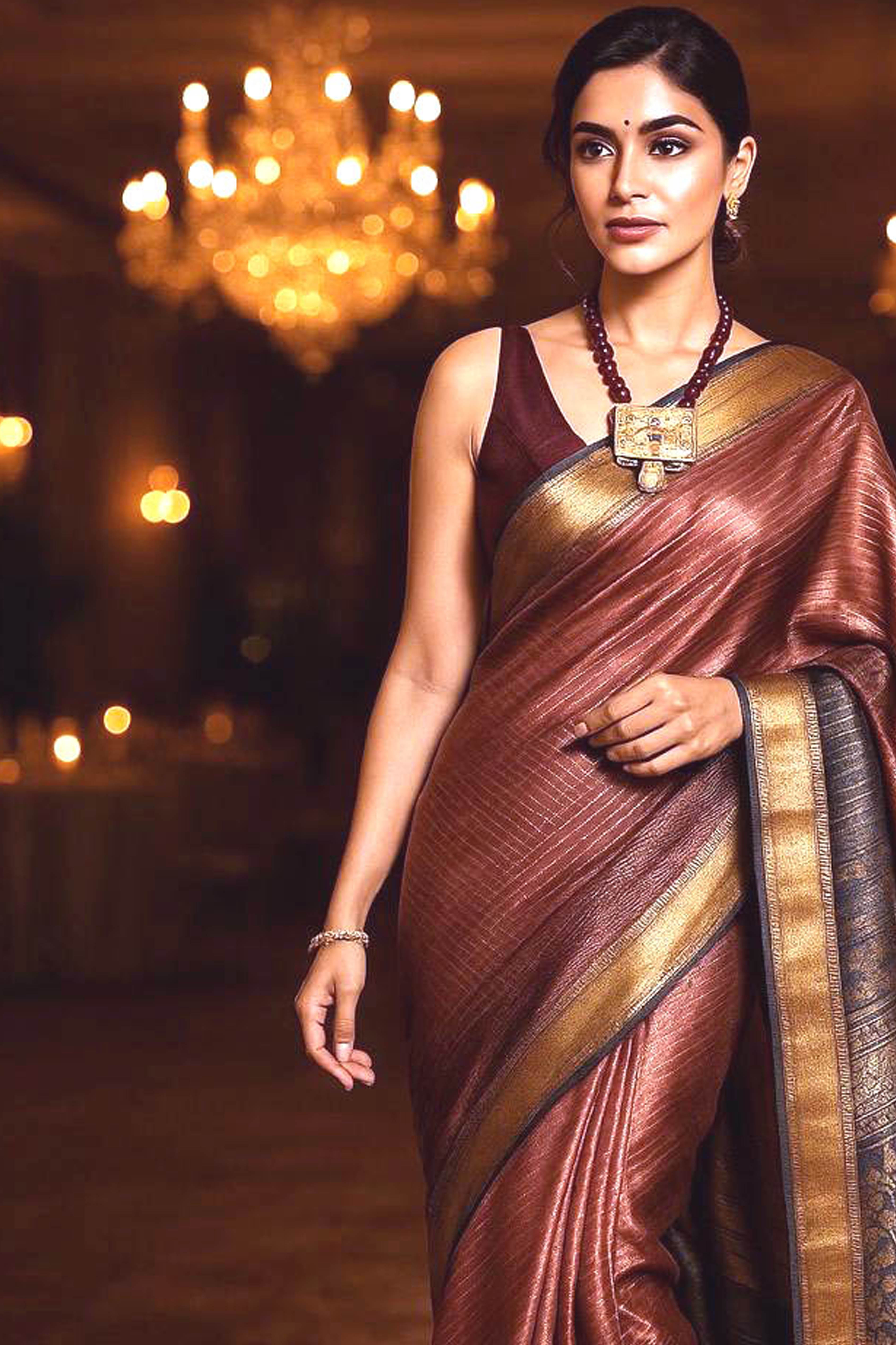 Roja Dark Purplish Pink Maheshwari Silk Cotton Tissue Saree