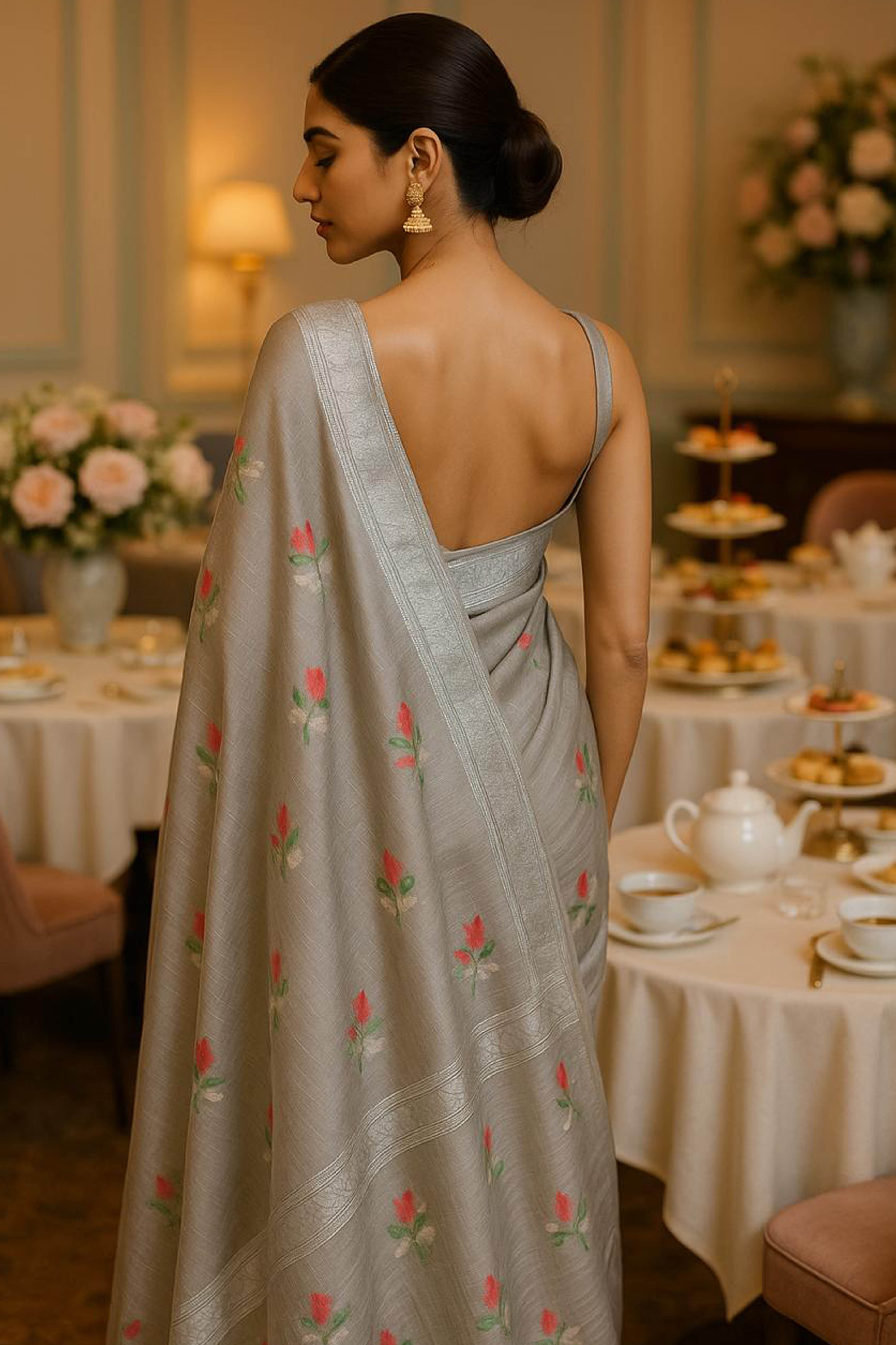 Greyish Silver Kota Silk Saree