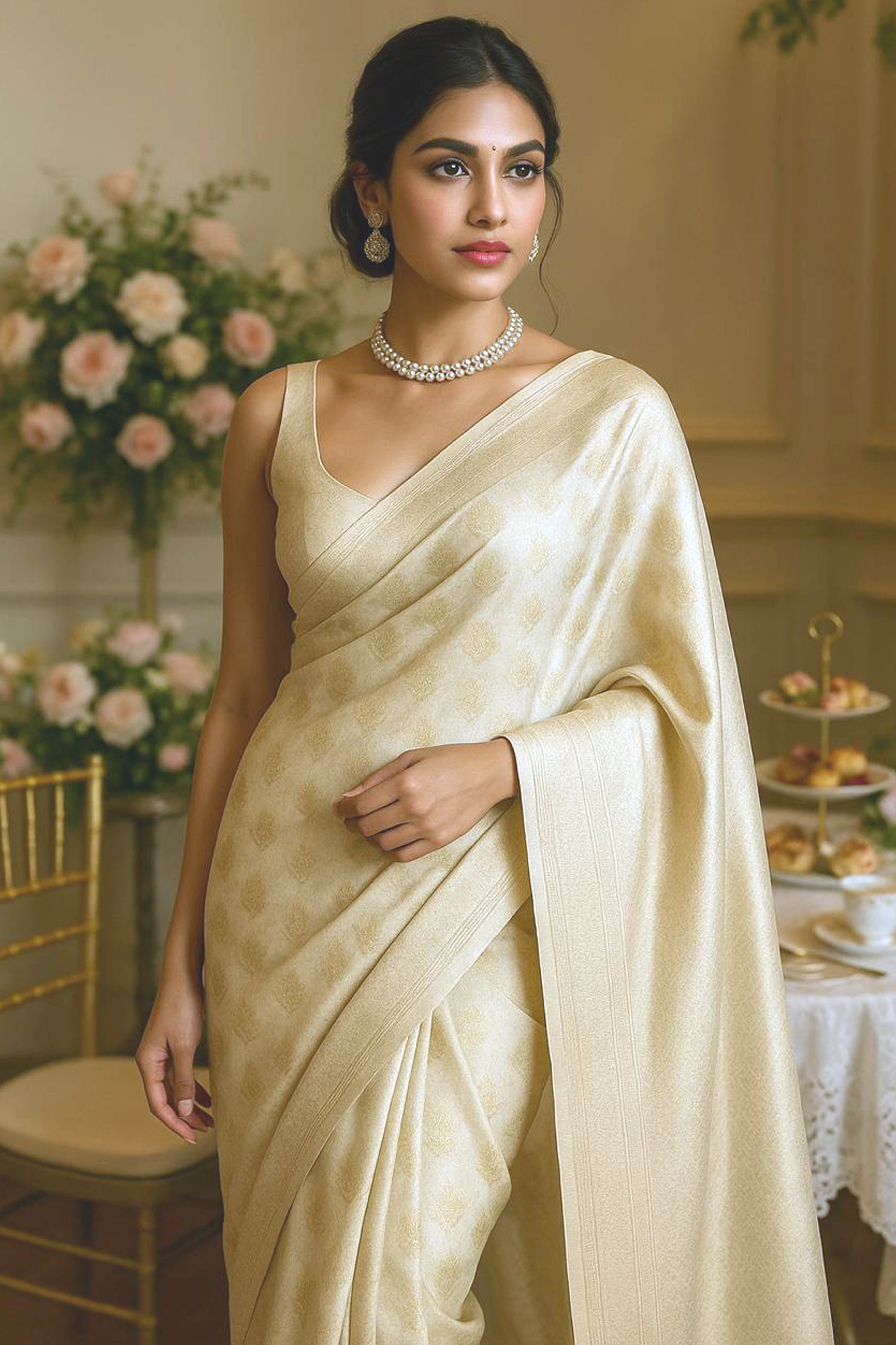 Pure Banarasi Moonga Silk Saree in Ivory & Golden Colour