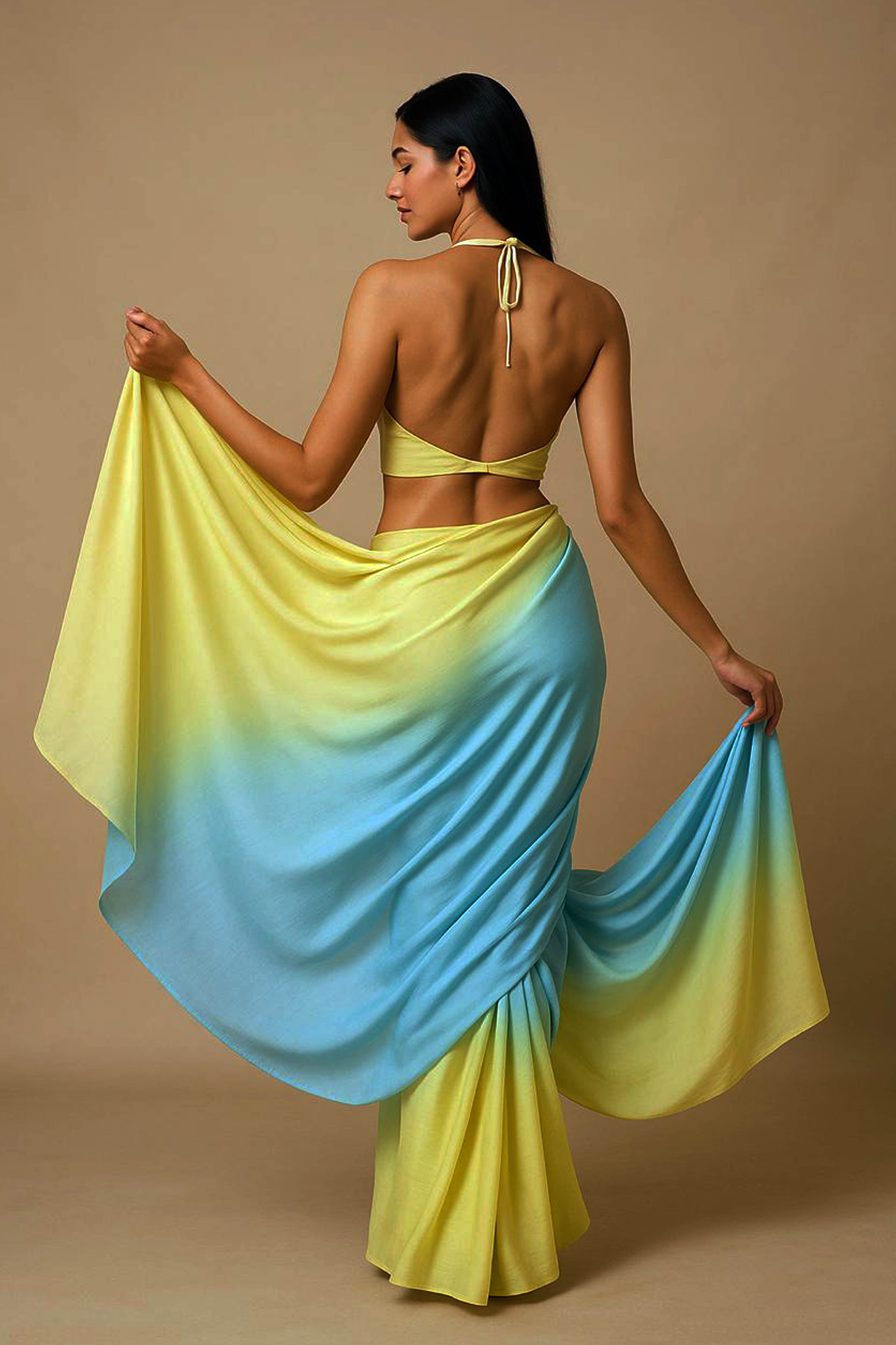 Vyoma Pure Satin Georgette Saree in Yellow to Sky Blue Ombre - Indian Handloomz