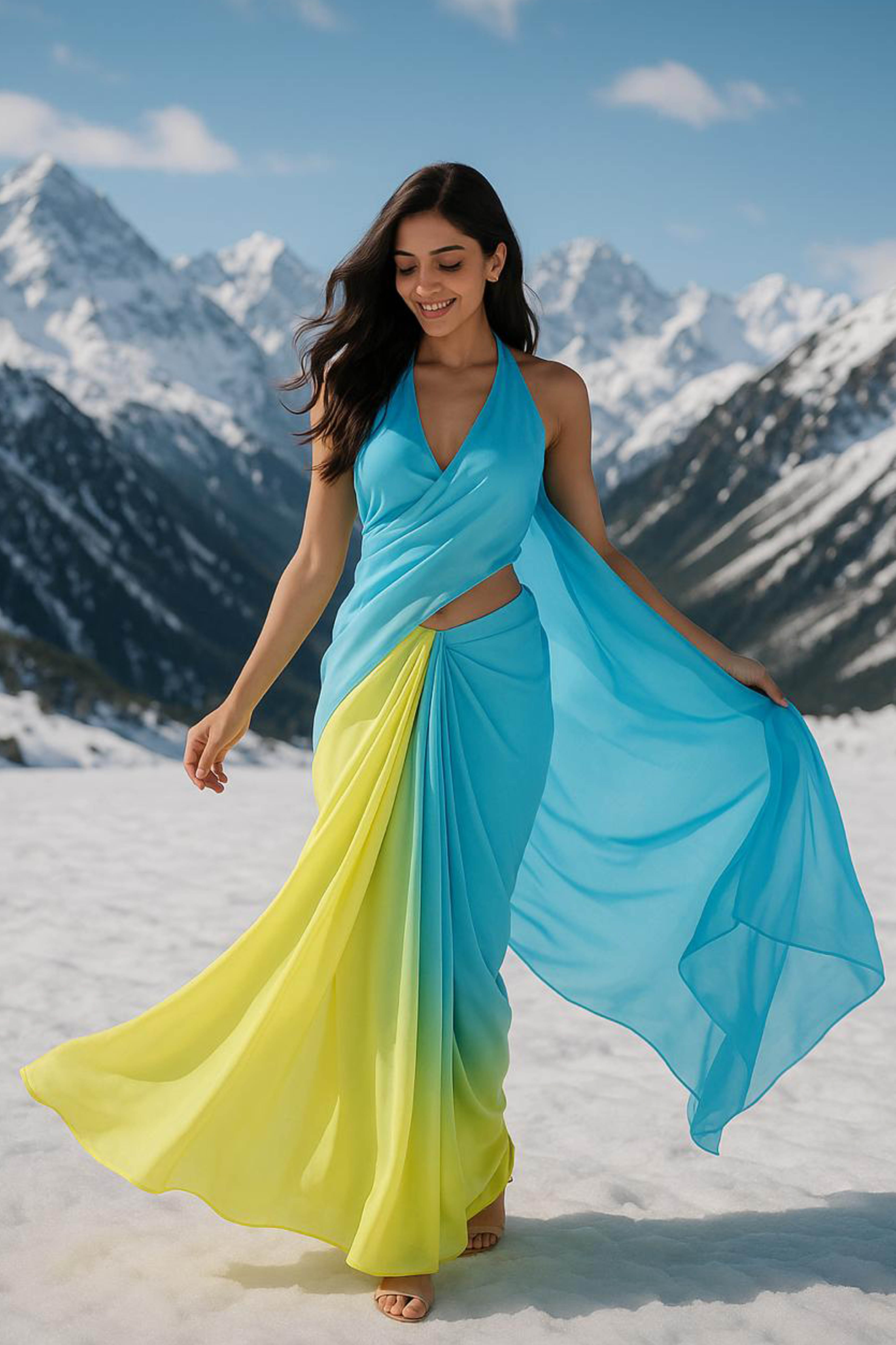 Vyoma Pure Satin Georgette Saree in Yellow to Sky Blue Ombre - Indian Handloomz