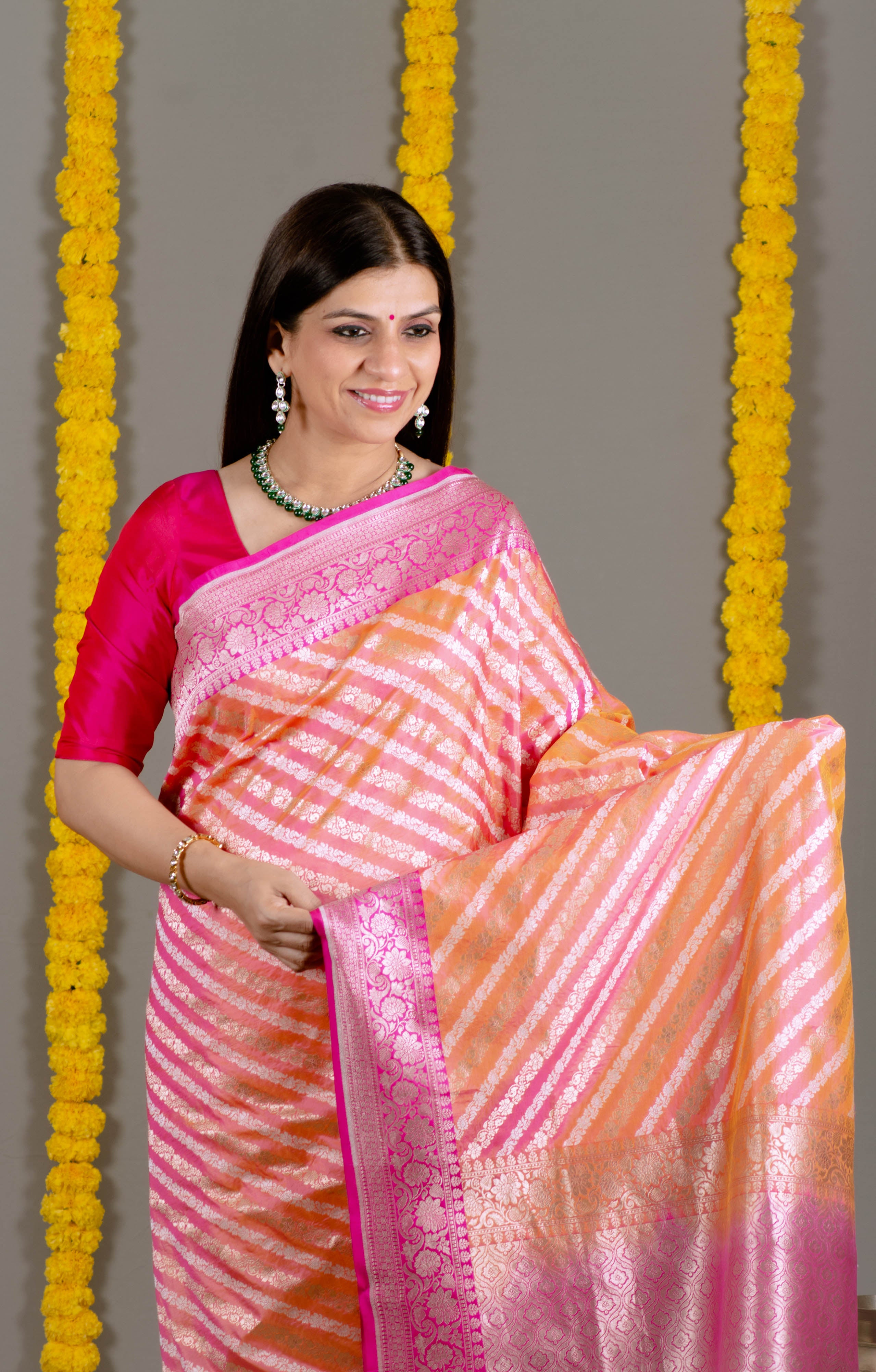 Surbhi Pure Banarasi Katan Silk Saree in Ombre of Light Orange, Dark Pink with Golden Sheen