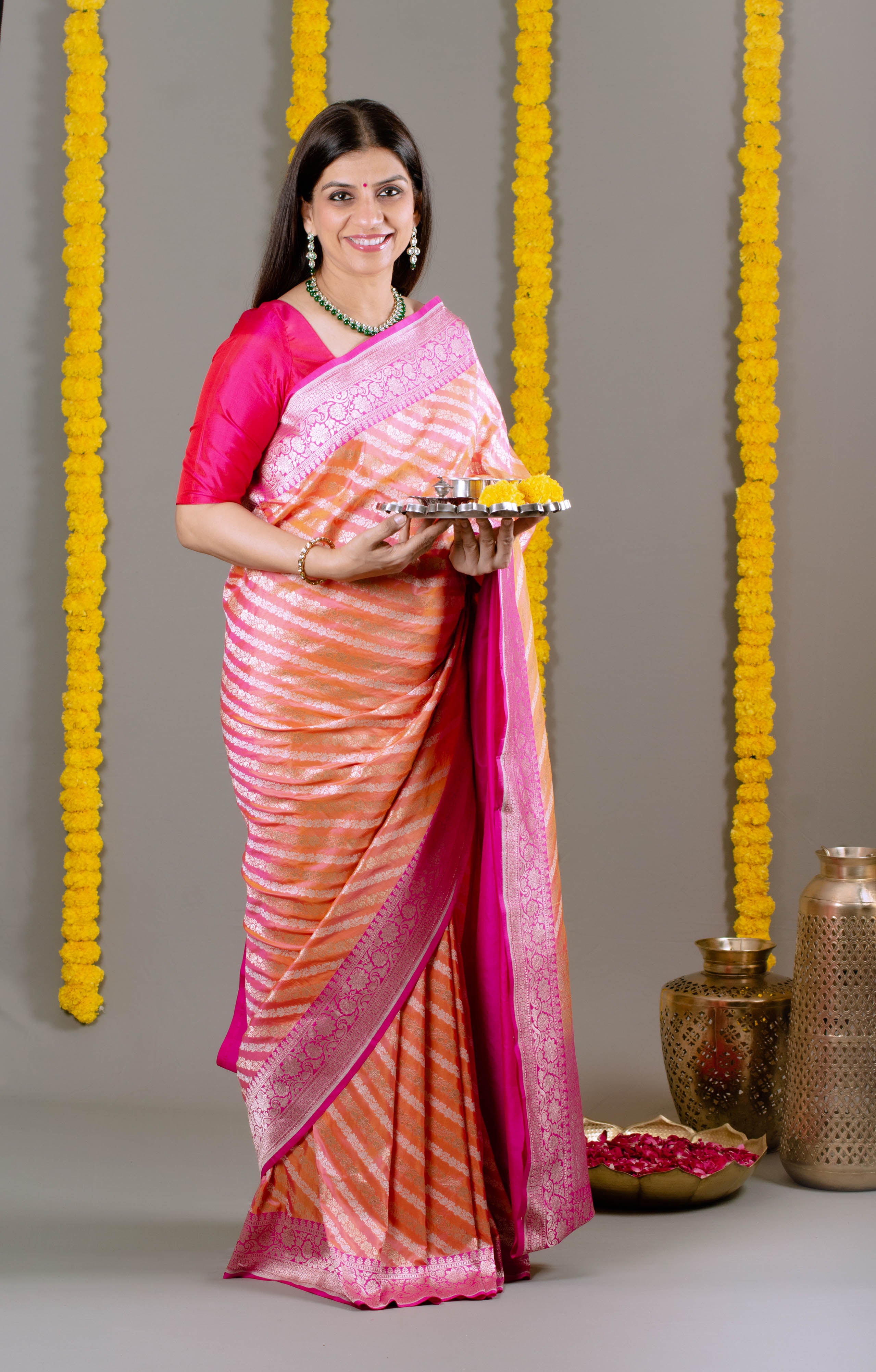 Surbhi Pure Banarasi Katan Silk Saree in Ombre of Light Orange, Dark Pink with Golden Sheen