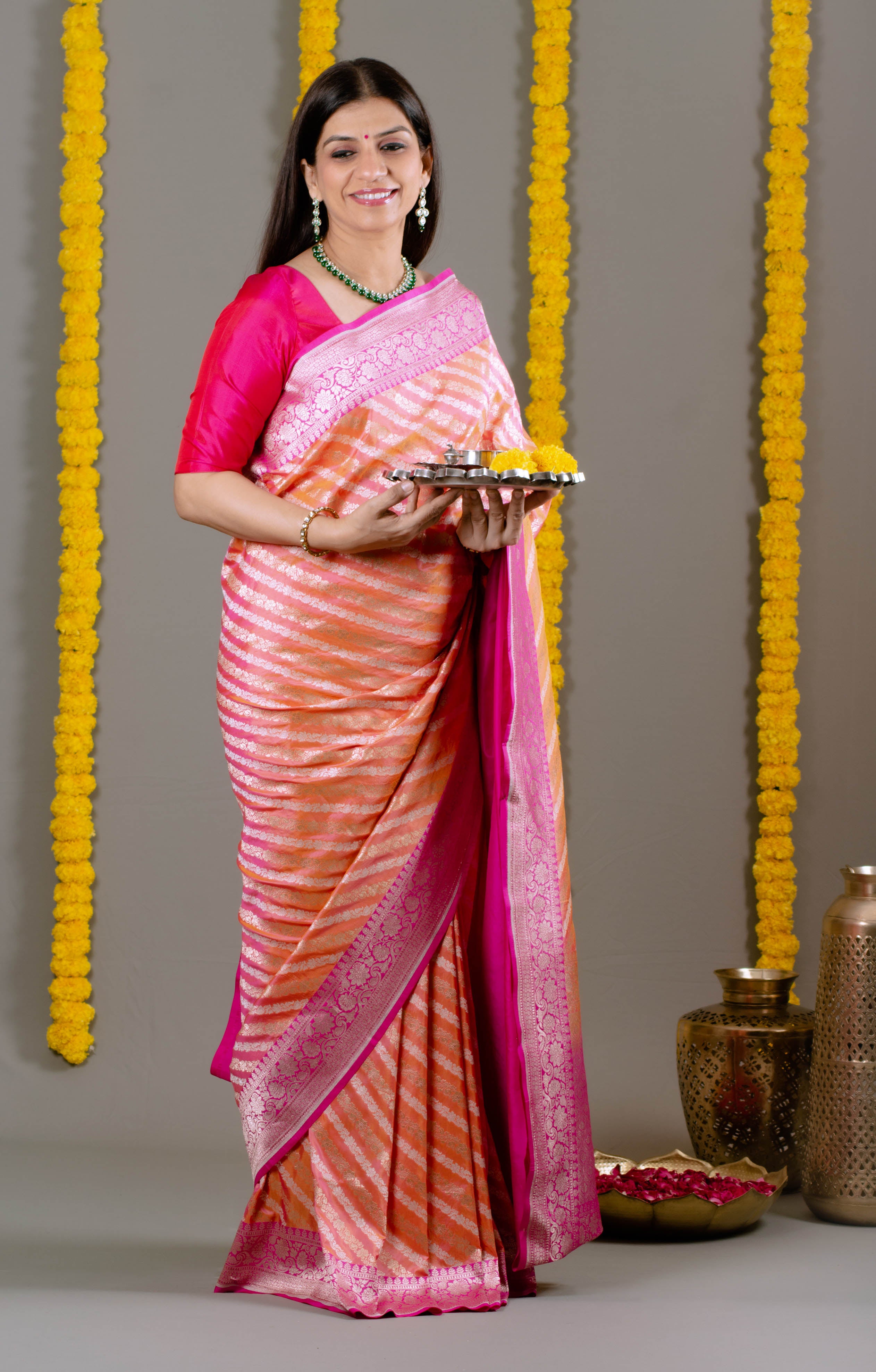 Surbhi Pure Banarasi Katan Silk Saree in Ombre of Light Orange, Dark Pink with Golden Sheen