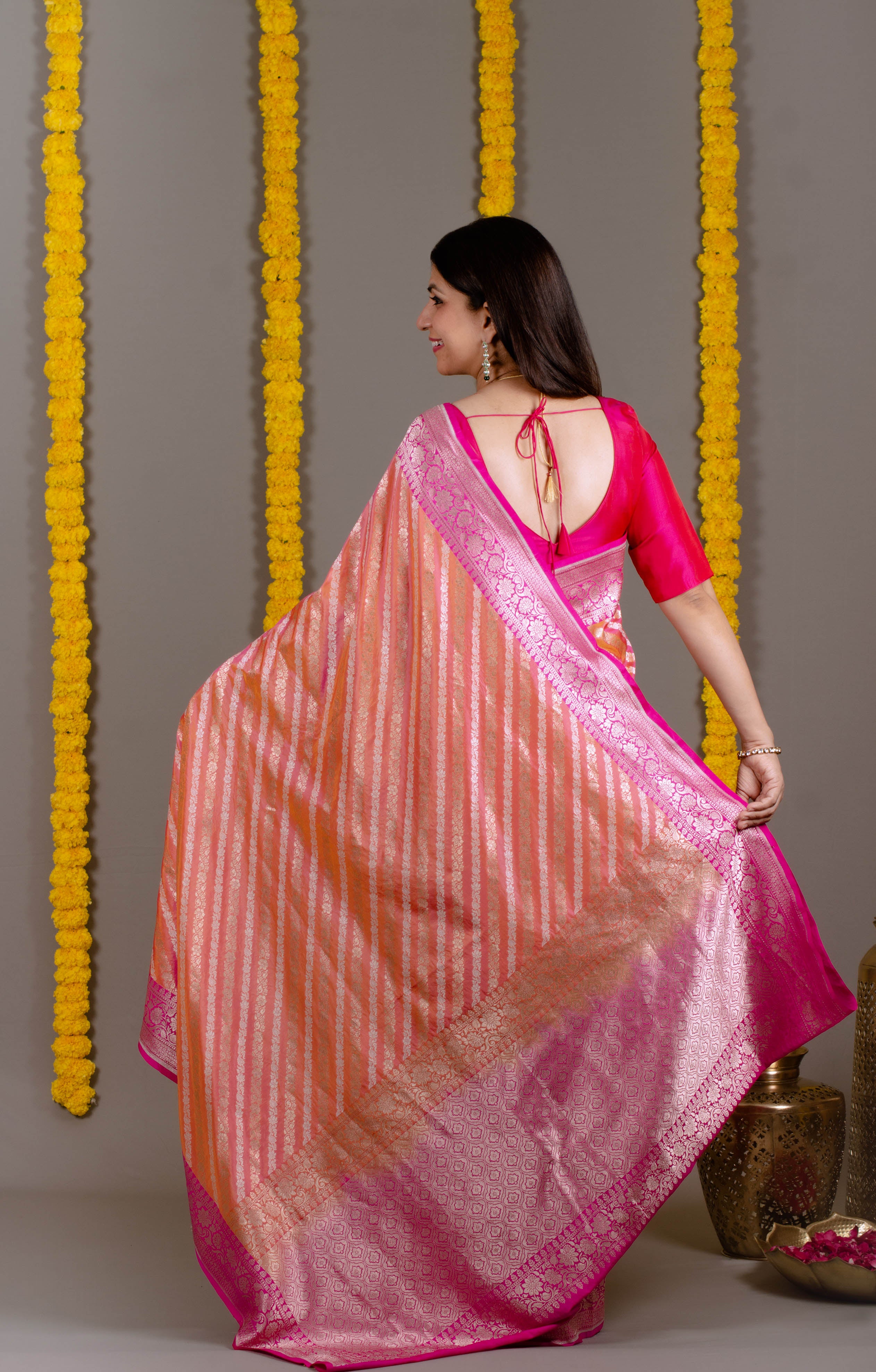 Surbhi Pure Banarasi Katan Silk Saree in Ombre of Light Orange, Dark Pink with Golden Sheen