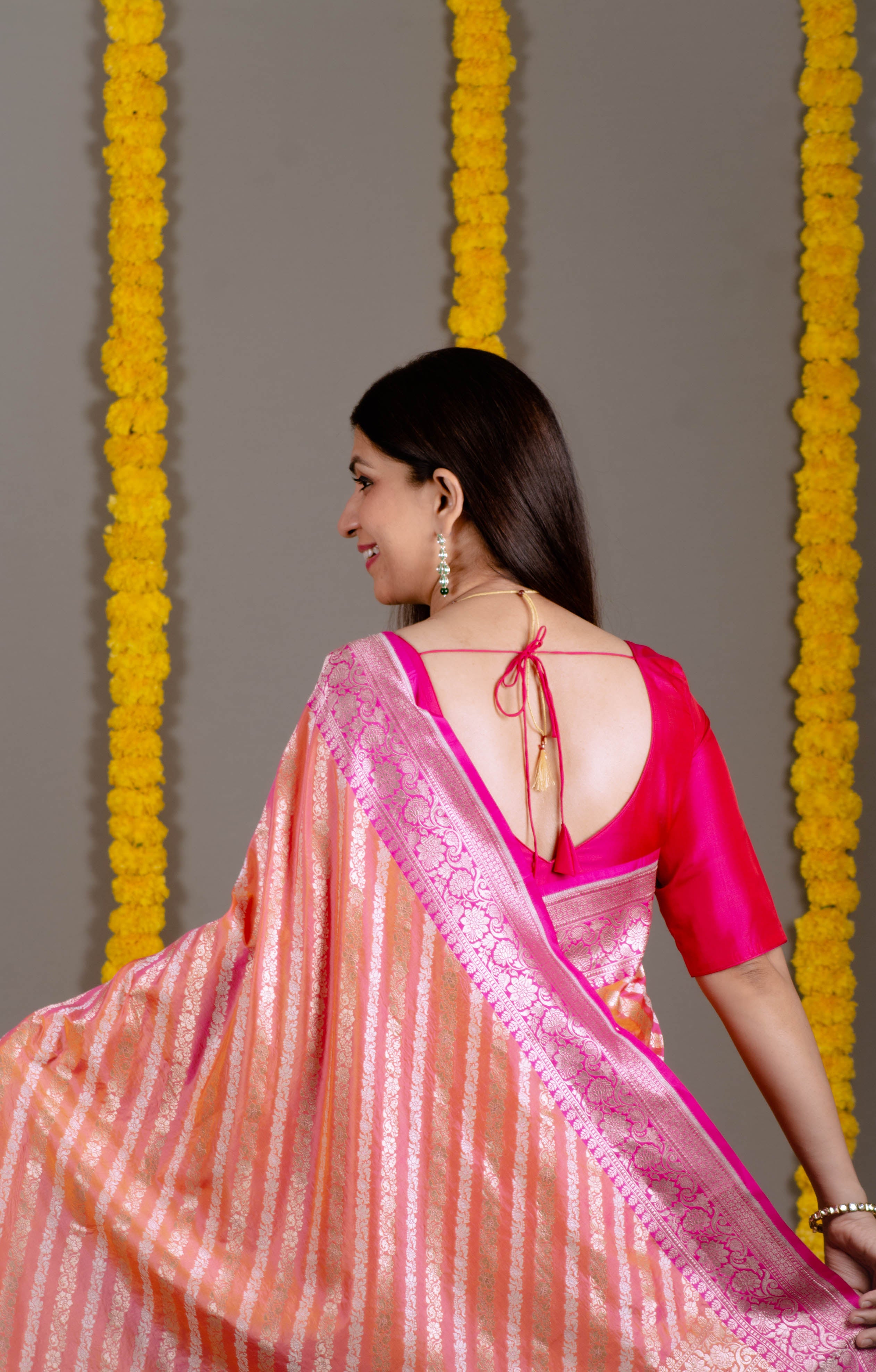 Surbhi Pure Banarasi Katan Silk Saree in Ombre of Light Orange, Dark Pink with Golden Sheen