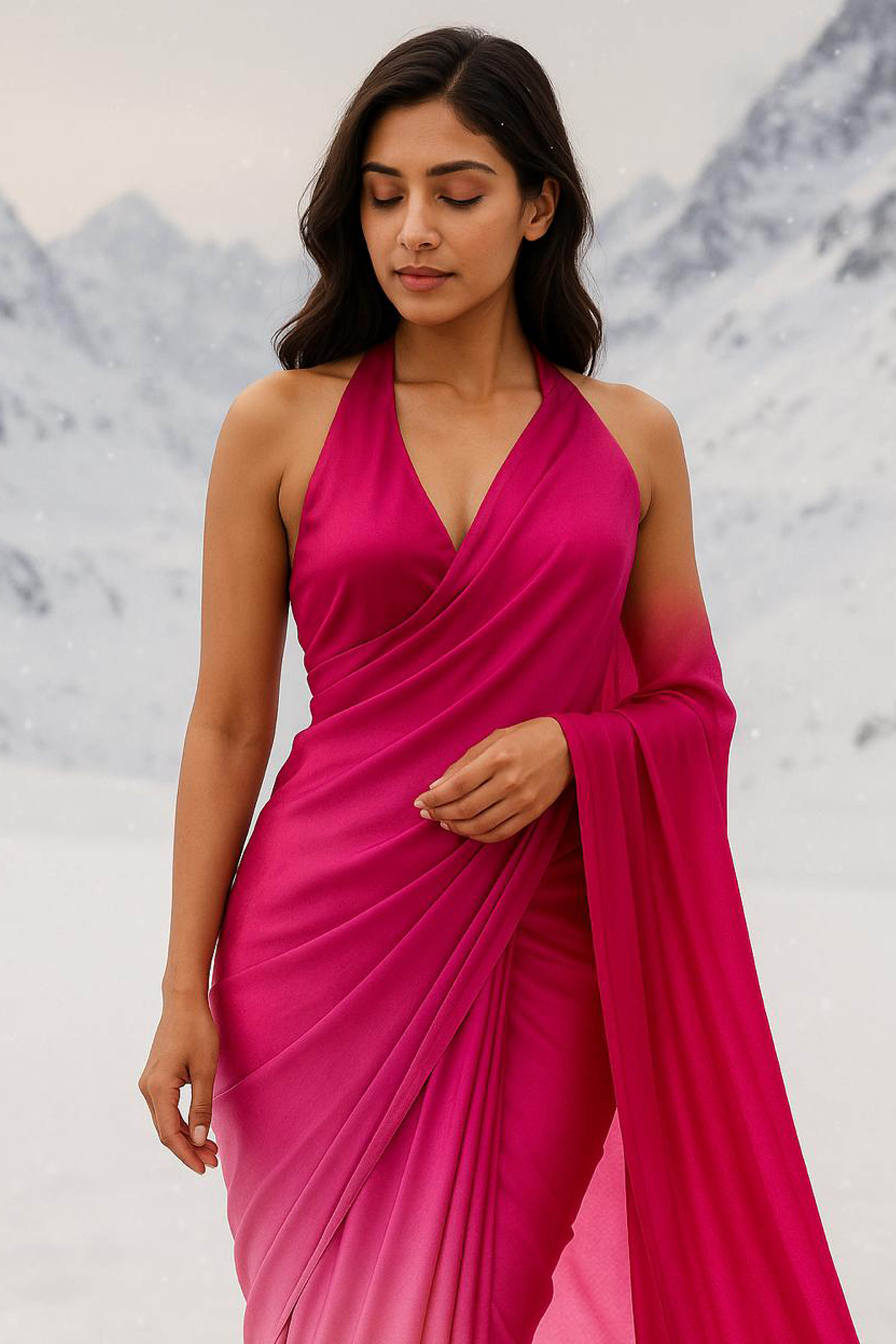 Falguni Pure Satin Georgette Saree in Light Pink & Neon Hot Pink - Indian Handloomz