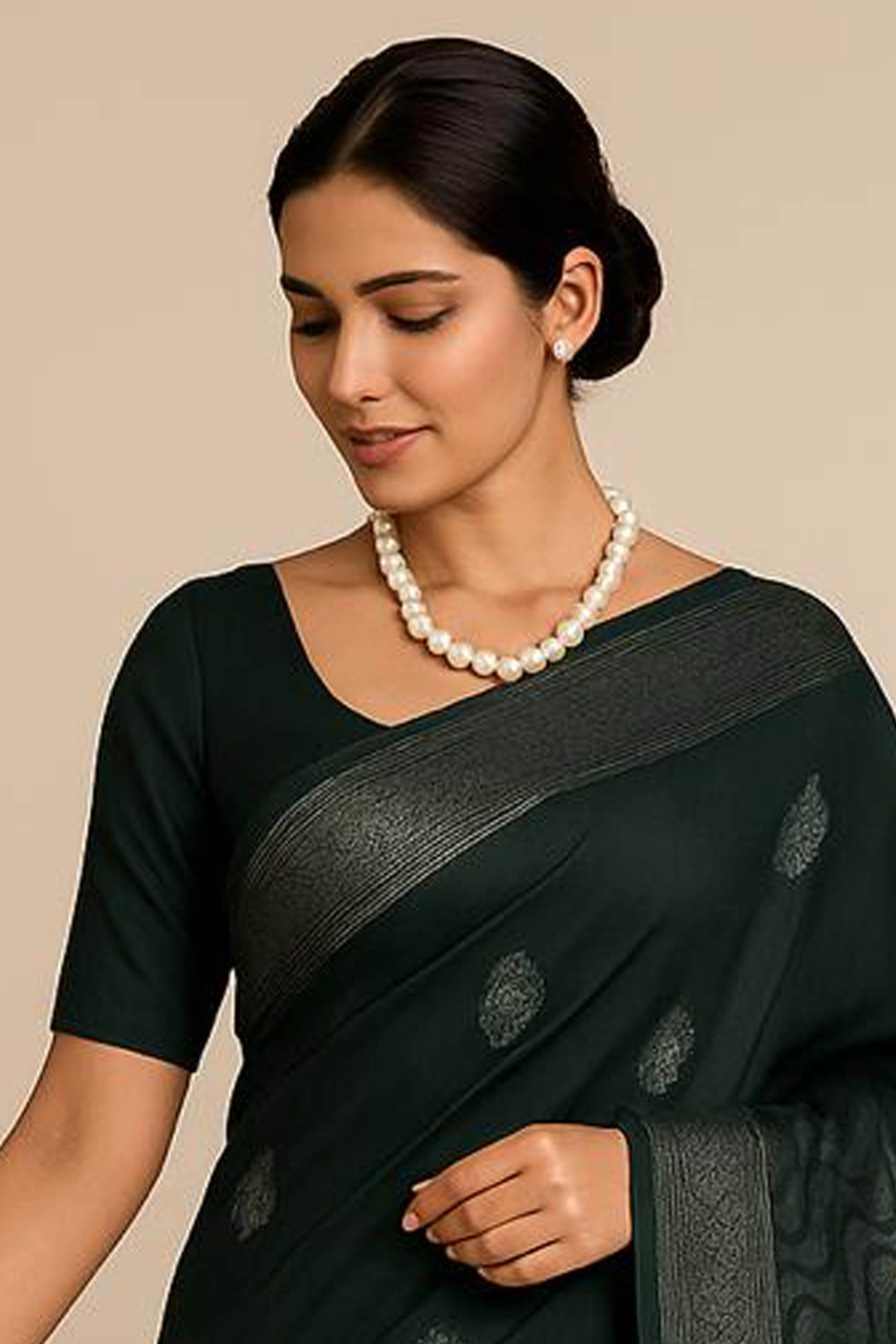 Satrani Pure Linen Cotton Saree in Bottle Green Colour with Silver Buttas