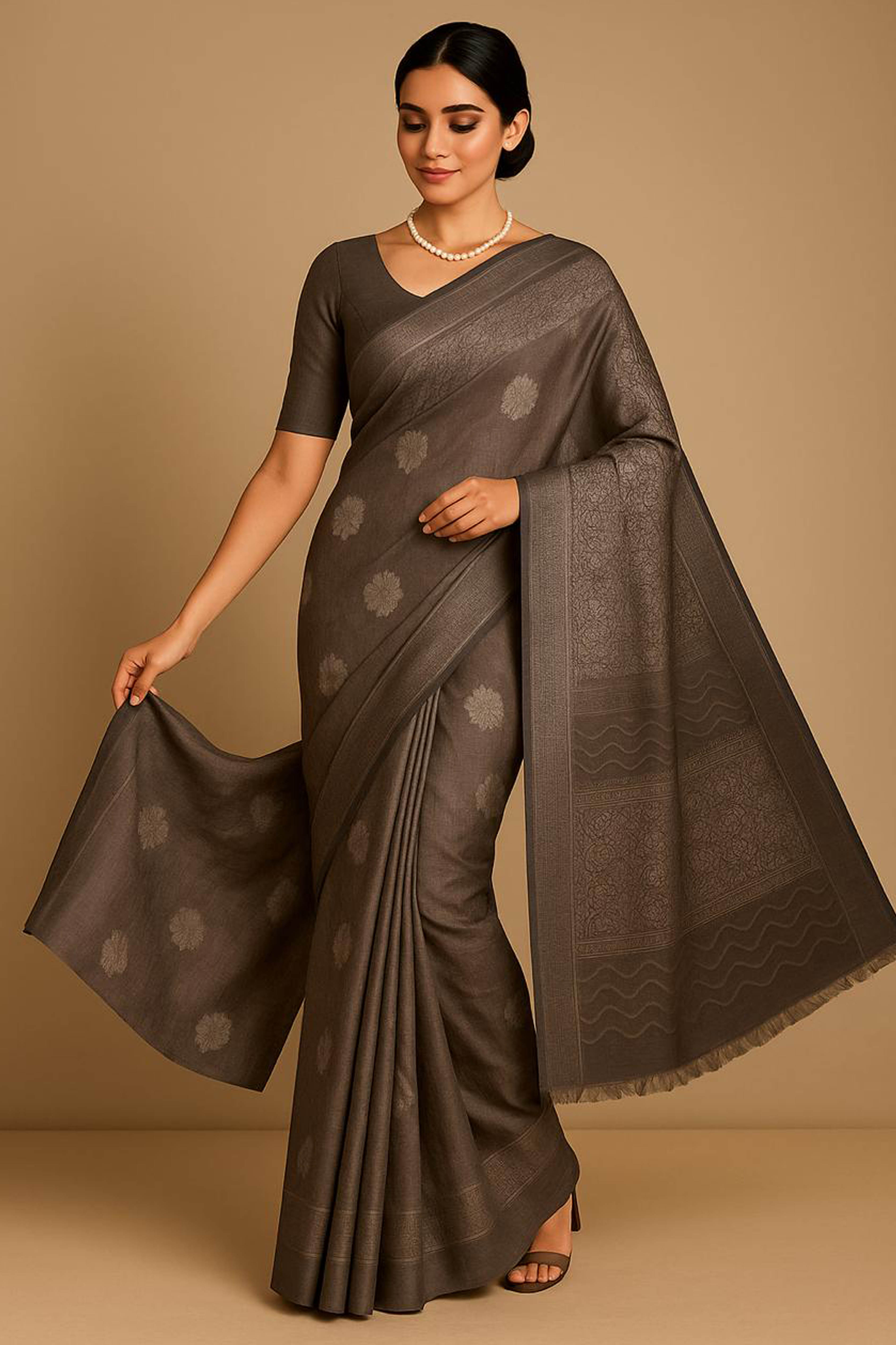 Rupali Pure Linen Cotton Saree in Ash Grey Colour with Silver Buttas