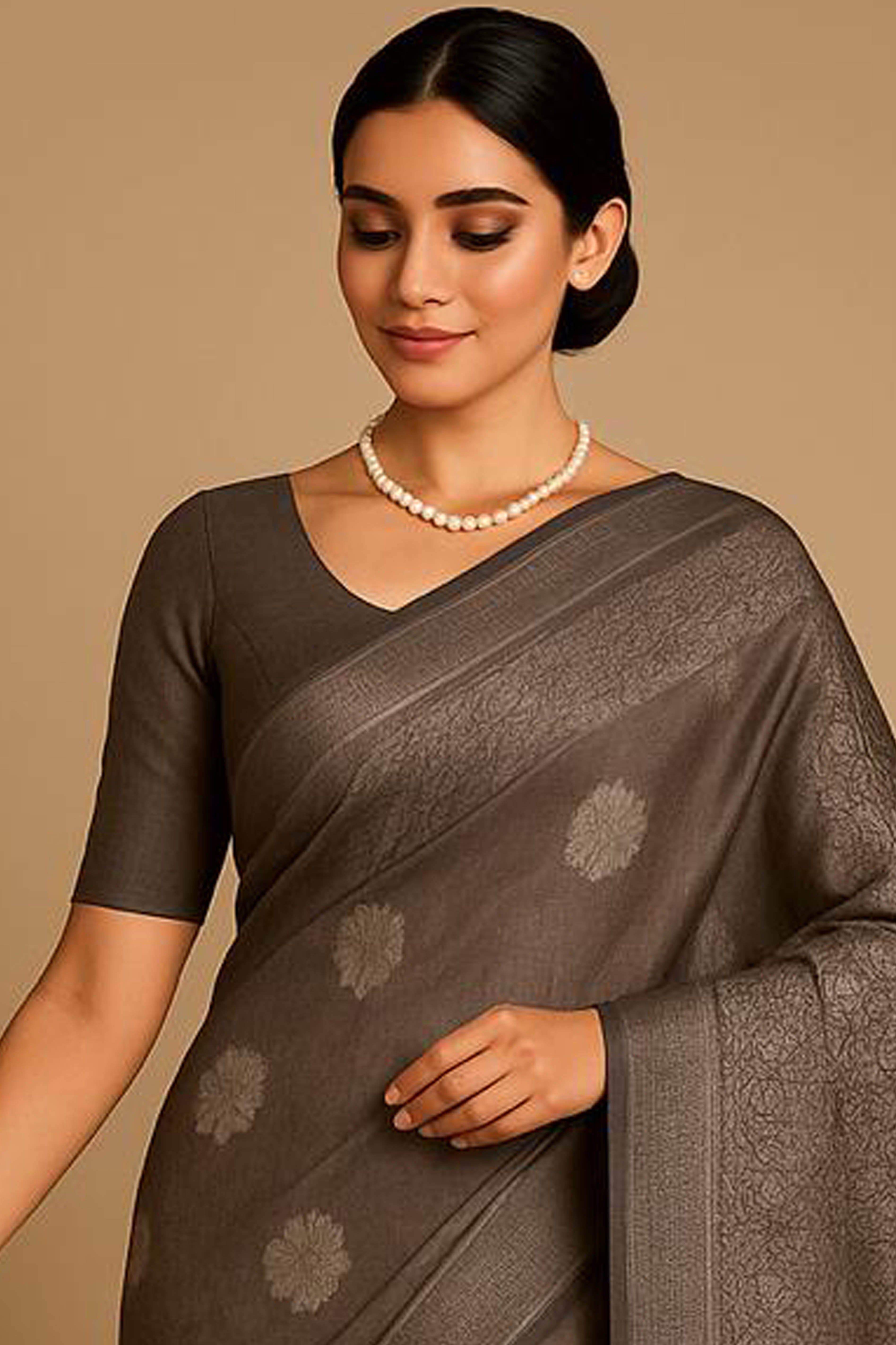 Rupali Pure Linen Cotton Saree in Ash Grey Colour with Silver Buttas