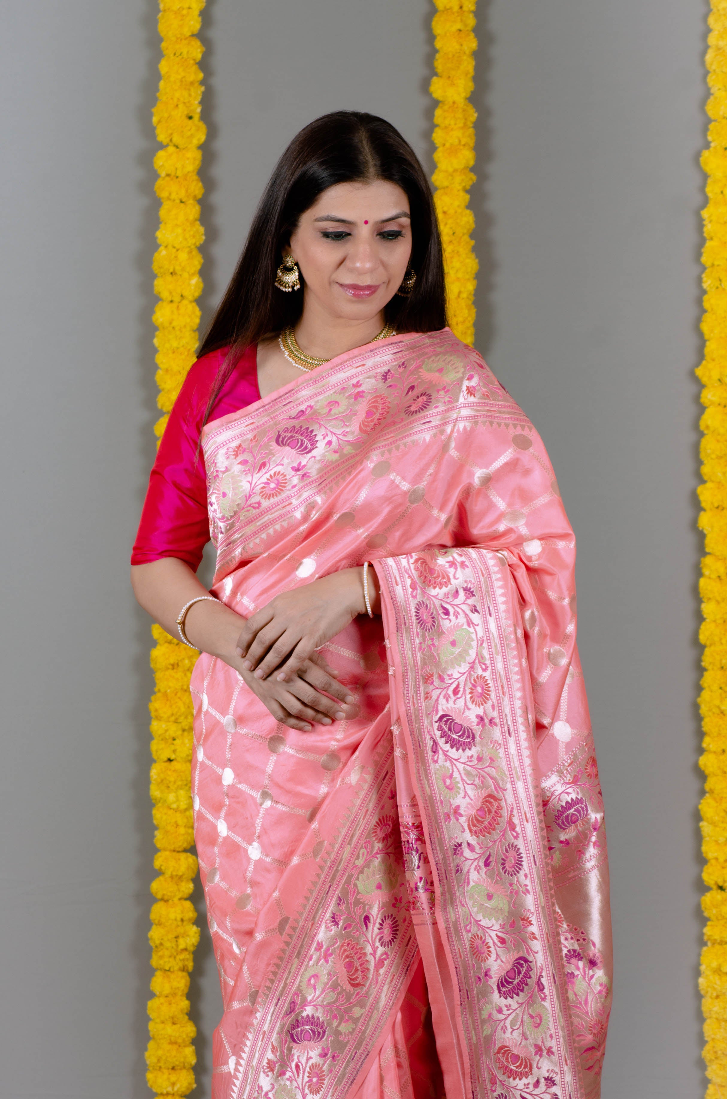 Sakshi Pure Banarasi Katan Silk Saree with Paithani Weaves in Pinkish Peach Colour