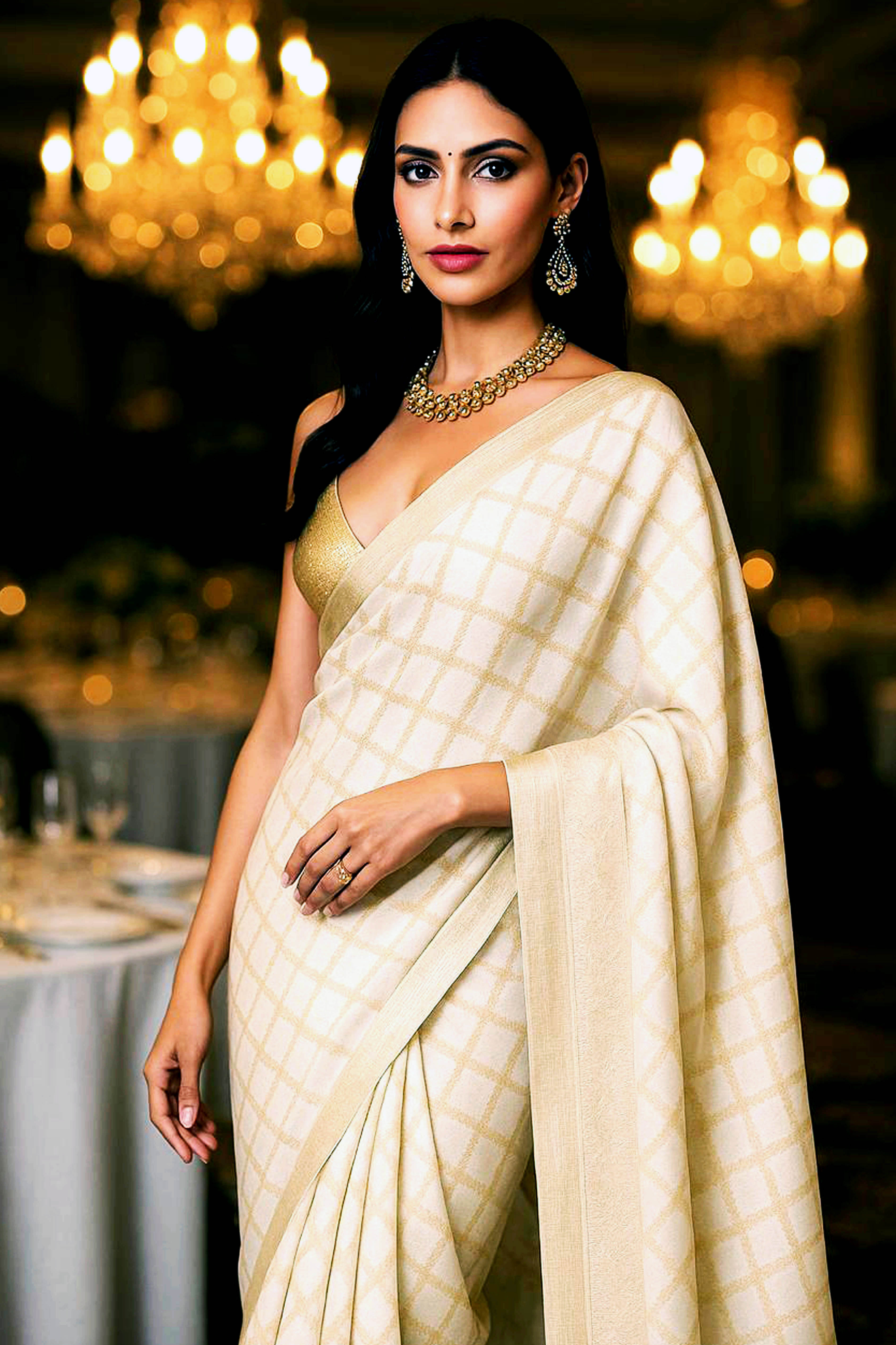 Pearl White & Golden Kota Silk Saree