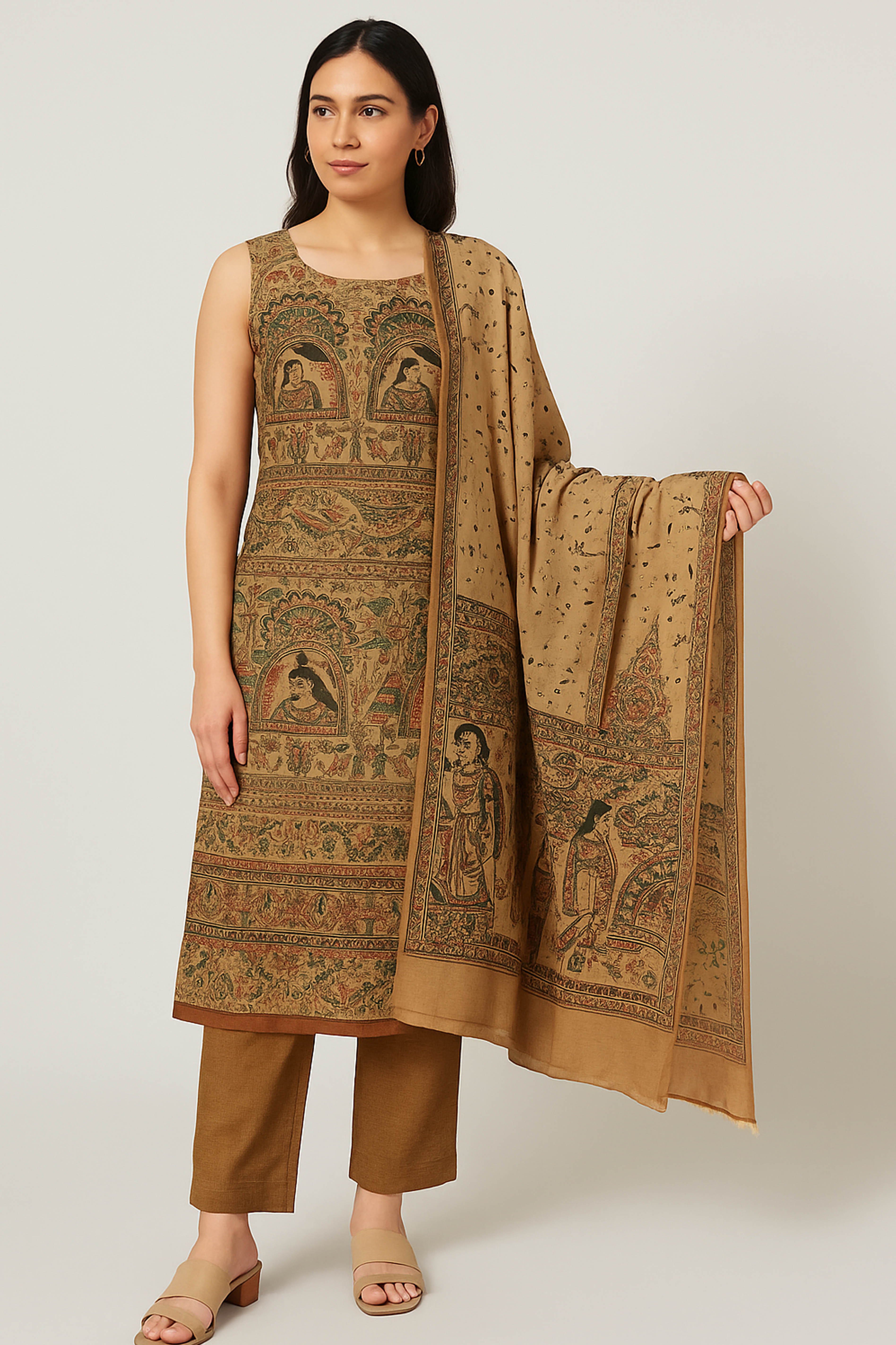Reva Pure Cotton Silk Unstitched Suit Set, Madhubani Print in Vibrant Shades of Green, Orange & Black Colour - Indian Handloomz