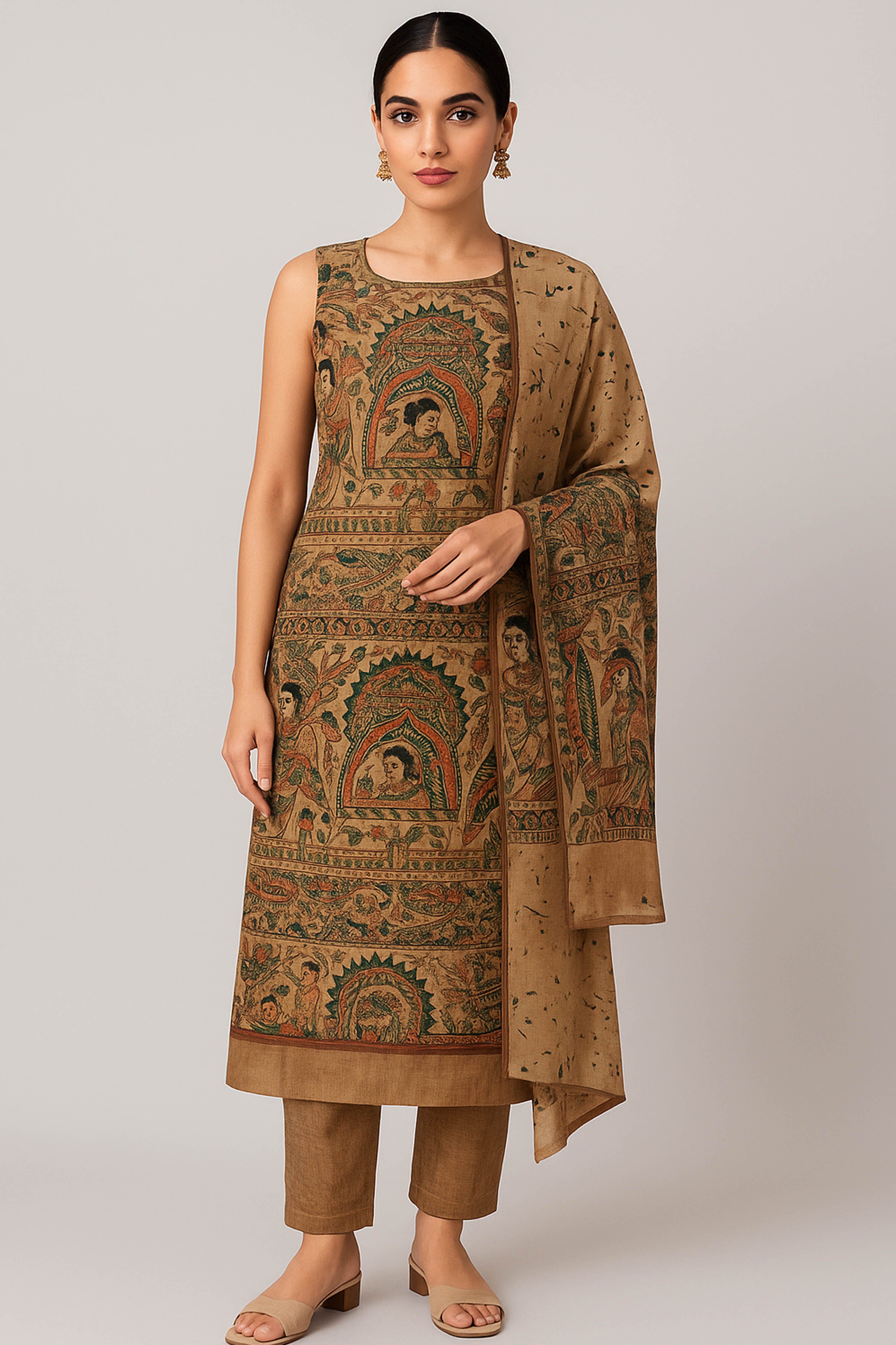 Reva Pure Cotton Silk Unstitched Suit Set, Madhubani Print in Vibrant Shades of Green, Orange & Black Colour - Indian Handloomz